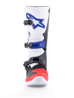 Alpinestars Tech 3 motorcykelstøvler til motocross og off-road, hvid, klar rød og mørkeblå, med TPU-beskyttelse, mikrofiberoverdel, tredobbelt spændelukning og CE-certificering