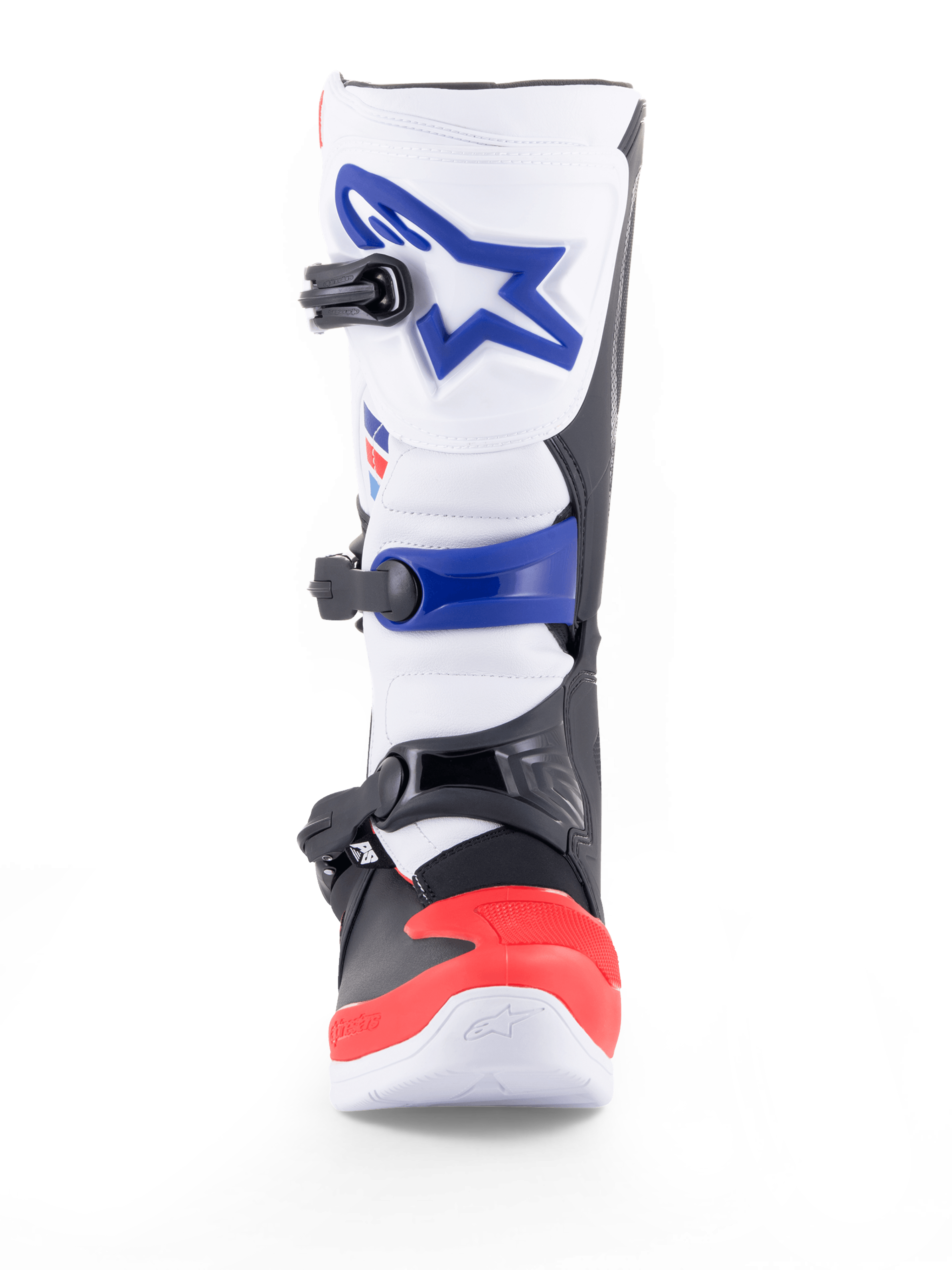 Alpinestars Tech 3 motorcykelstøvler til motocross og off-road, hvid, klar rød og mørkeblå, med TPU-beskyttelse, mikrofiberoverdel, tredobbelt spændelukning og CE-certificering