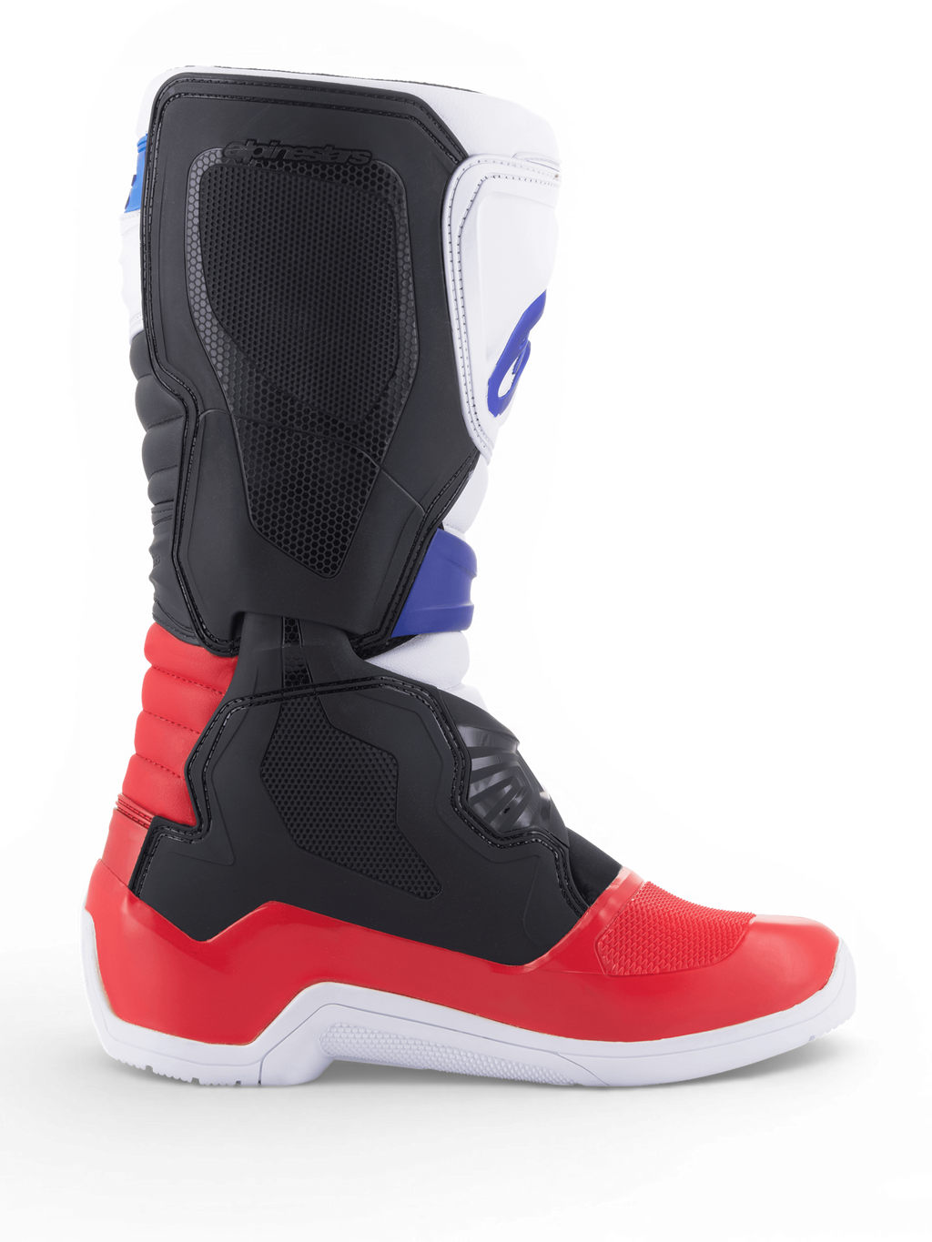 Alpinestars Tech 3 motorcykelstøvle, motocross- og off-road-støvle i hvid og rød med mørkeblå detaljer, syntetisk mikrofiber og TPU-beskyttelse