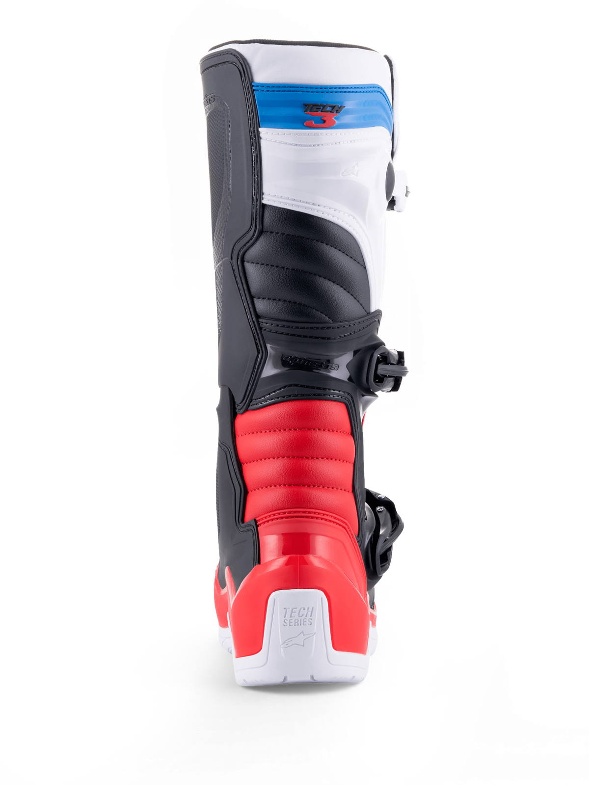 Alpinestars Tech 3 støvler, motocross- og off-road-motorcykelstøvle set bagfra, hvid med røde og mørkeblå detaljer, beskyttende TPU-konstruktion og spændefastgørelse