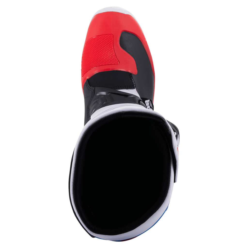 Alpinestars Tech 3 Boots, Motocross Boots, White Bright Red and Dark Blue, top-down view looking into the boot opening, featuring a red toe box and black interior lining, lightweight microfiber and TPU construction for off-road racing