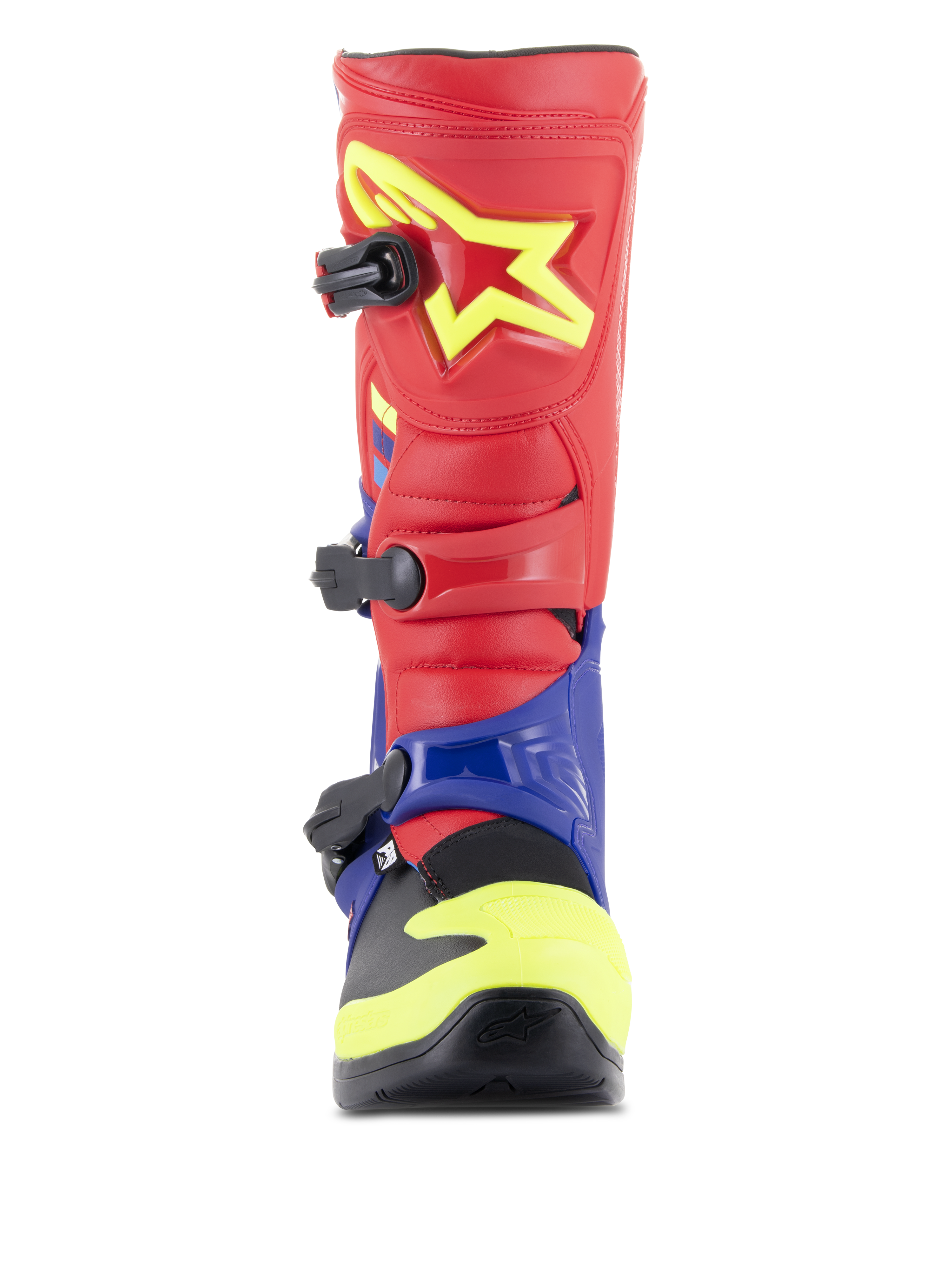 Alpinestars Tech 3 Boots, Motocross Boots, Bright Red Dark Blue and Yellow Fluo, front view showing triple buckle closure system, TPU shin plate with yellow star logo, and protective dual-compound foot shell.
