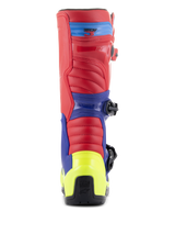 Alpinestars Tech 3-støvler, motocross-støvler, klar rød, mørkeblå og gul fluo, set bagfra med neongul hælkappe, rød overdel og blå støttepaneler, robust konstruktion til off-road racing