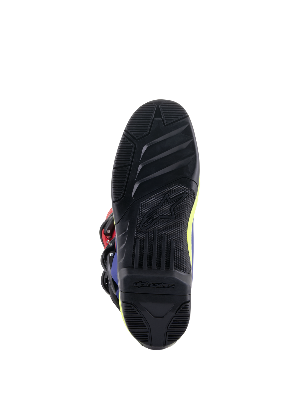 Alpinestars Tech 3 Boots, Motocross Boots, Bright Red, Dark Blue, and Yellow Fluo, detailed view of the black high-grip rubber outsole featuring textured tread patterns and embossed Alpinestars logo for enhanced footpeg control.