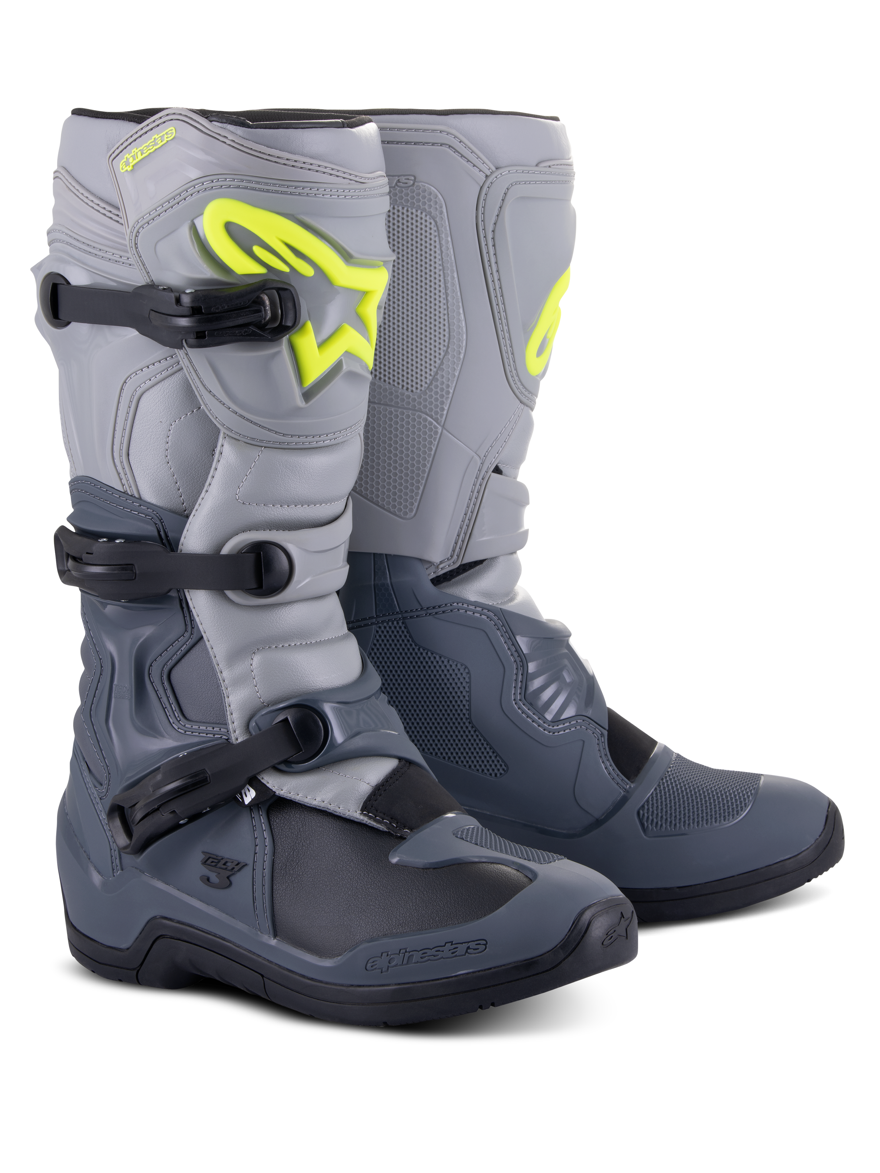 Alpinestars Tech 3 Boots, Motocross Boots, Dark Gray, Light Gray and Black, featuring a prominent fluorescent yellow Alpinestars logo, three-buckle closure system, and reinforced protective panels for off-road performance.