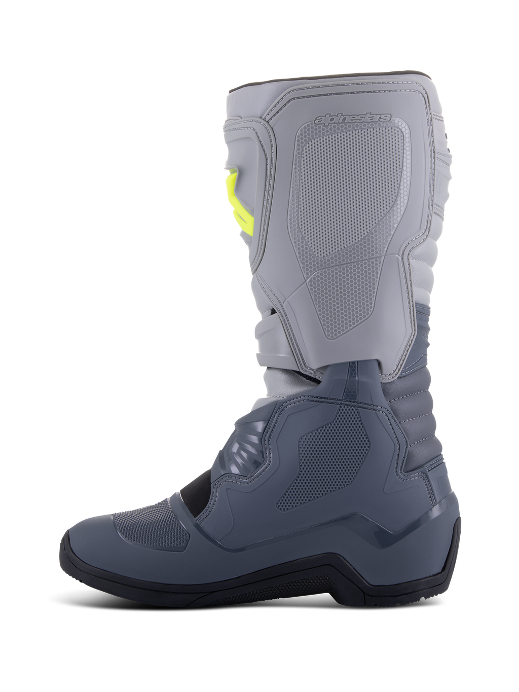Alpinestars Tech 3 Boots, Motocross Boots, Dark Gray Light Gray and Black, side view featuring light gray upper and dark gray lower sections with yellow buckle accents, TPU protection plates and a durable black sole.