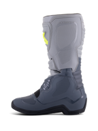 Alpinestars Tech 3 Boots, Motocross Boots, Dark Gray Light Gray and Black, side view featuring light gray upper and dark gray lower sections with yellow buckle accents, TPU protection plates and a durable black sole.