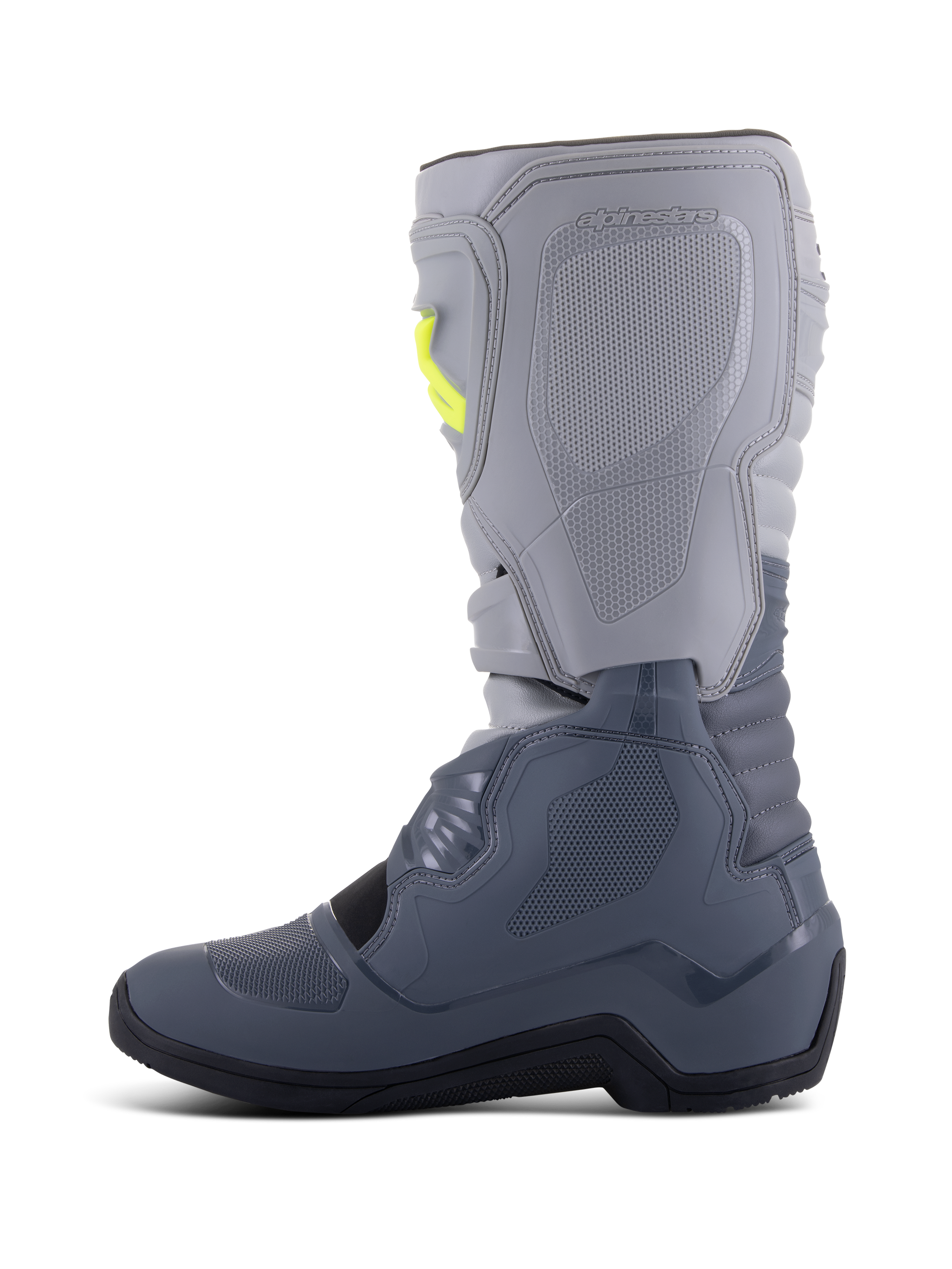 Alpinestars Tech 3 Boots, Motocross Boots, Dark Gray Light Gray and Black, side view featuring light gray upper and dark gray lower sections with yellow buckle accents, TPU protection plates and a durable black sole.