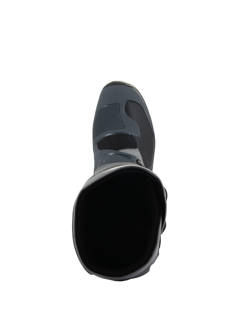 Alpinestars Tech 3 Boots, Motocross Boots, Dark Gray Light Gray and Black, Top-down view looking into the boot opening, featuring textured toe box and durable microfiber construction, designed for off-road performance