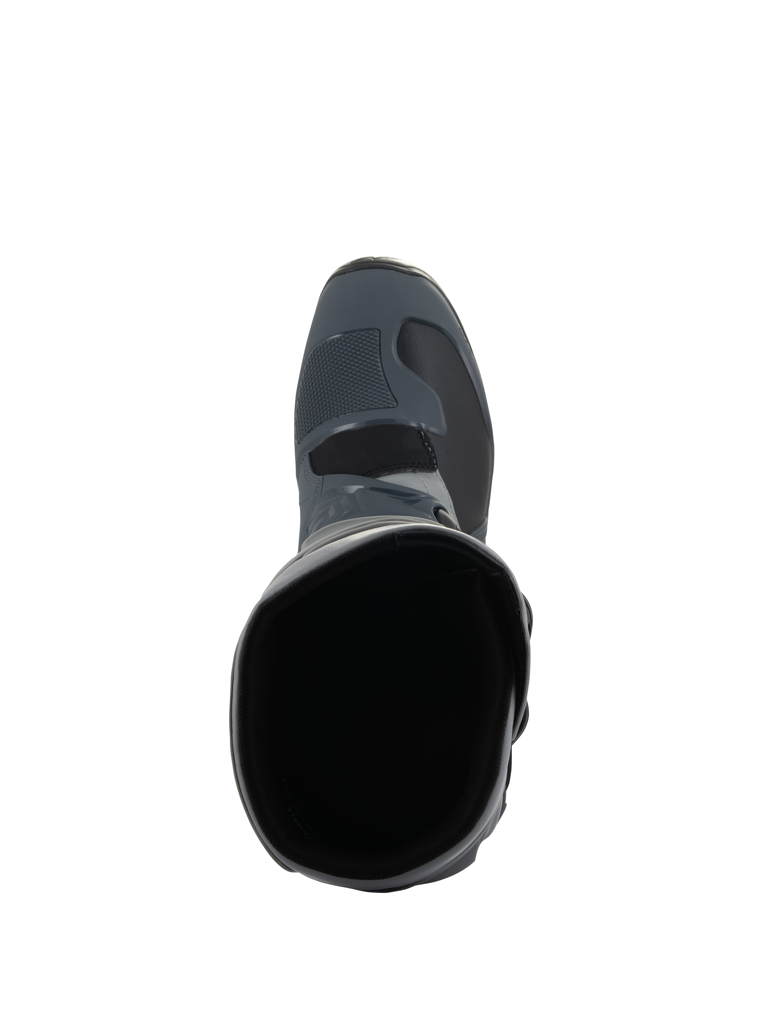 Alpinestars Tech 3 Boots, Motocross Boots, Dark Gray Light Gray and Black, Top-down view looking into the boot opening, featuring textured toe box and durable microfiber construction, designed for off-road performance
