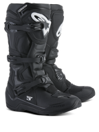 Alpinestars Tech 3 Enduro støvler, motocross og off-road støvler, sort med hvide logoer, tredobbelt polymer spændesystem, holdbar TPU-beskyttelse, robust terrængående såldesign