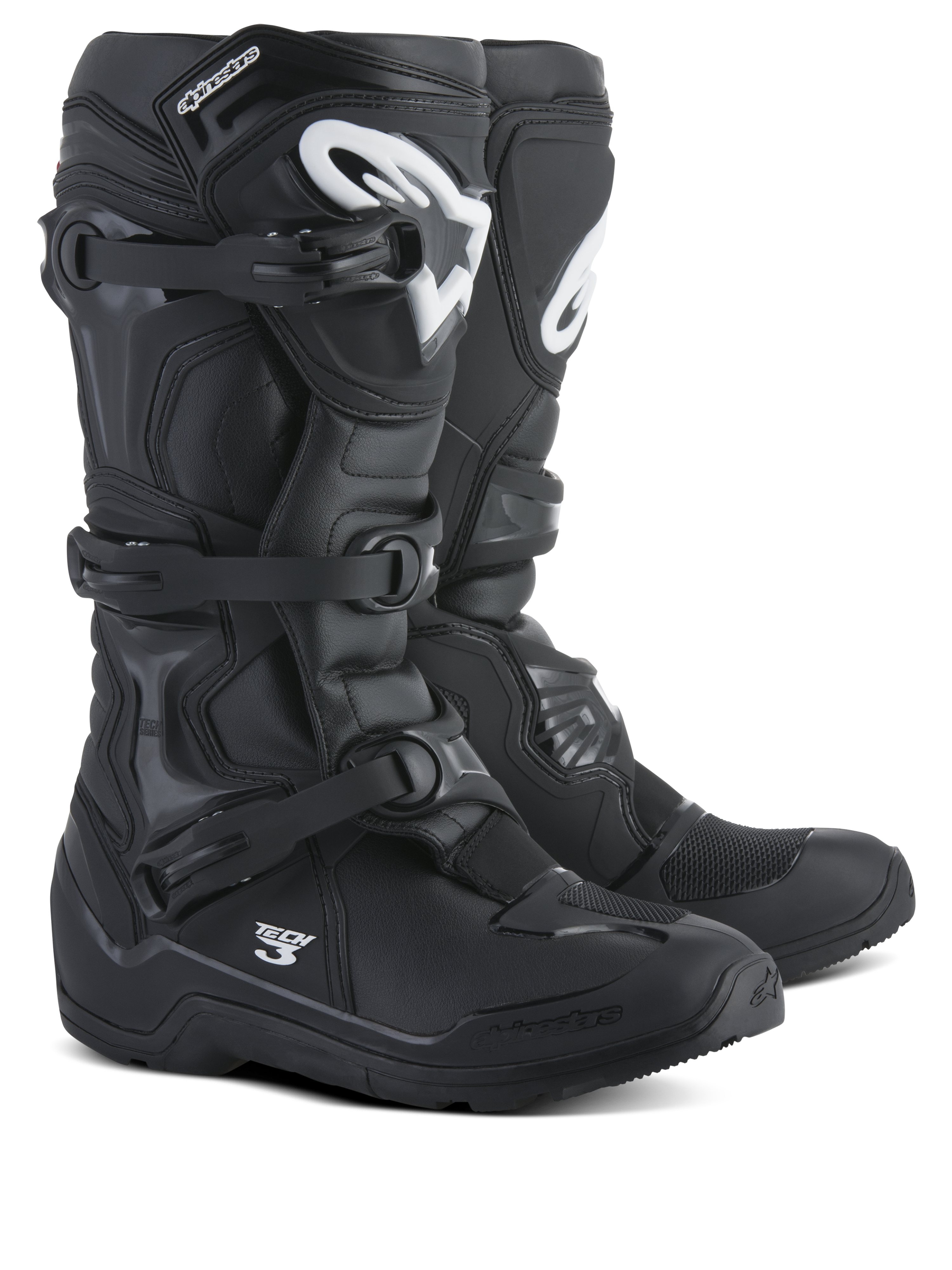 Alpinestars Tech 3 Enduro støvler, motocross og off-road støvler, sort med hvide logoer, tredobbelt polymer spændesystem, holdbar TPU-beskyttelse, robust terrængående såldesign