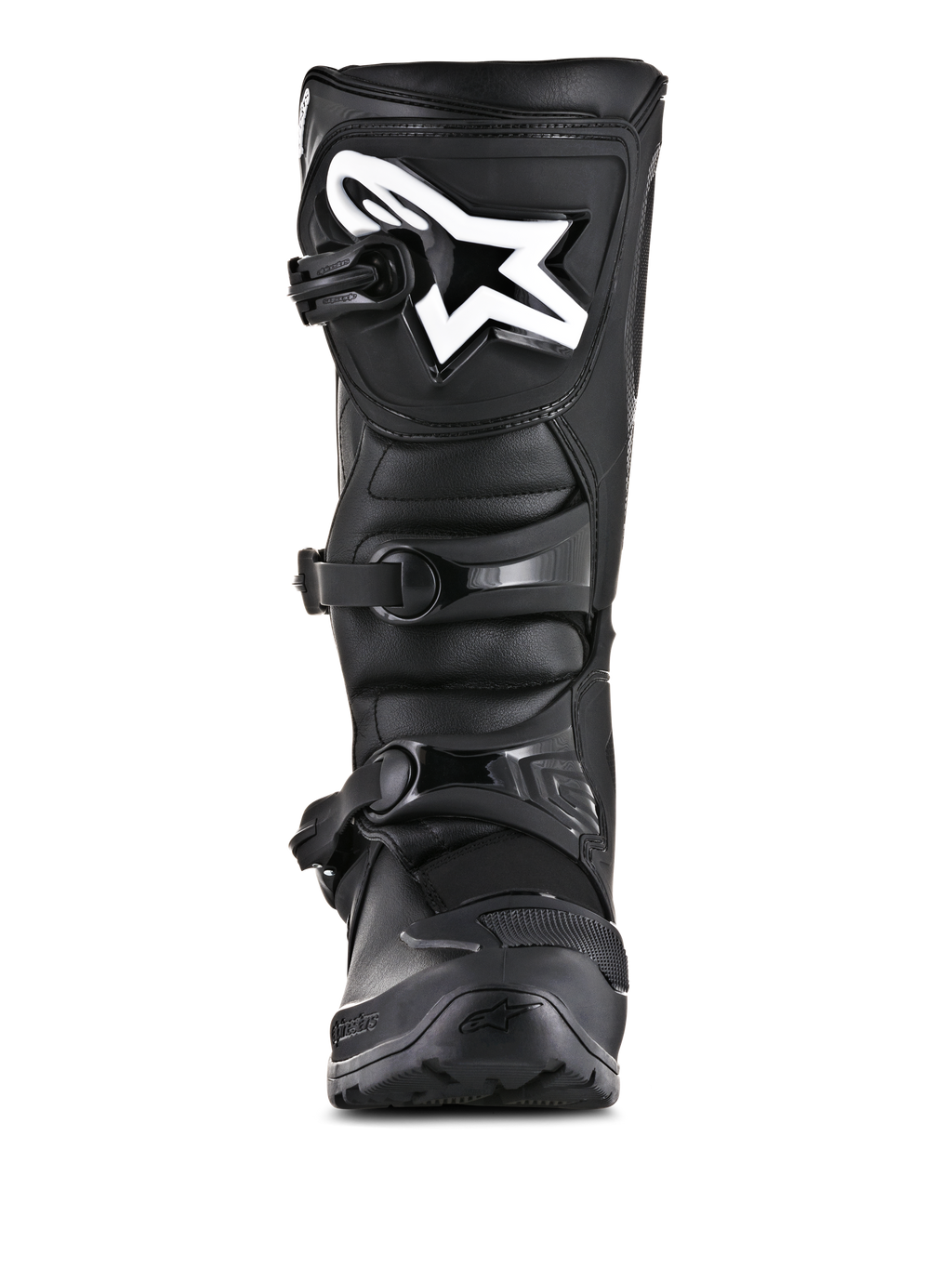 Alpinestars Tech 3 Enduro støvler, off-road motorcykelstøvler, sort, set forfra med et hvidt Alpinestars-logo på skinnebenspladen, lukkesystem med tre spænder, robust mikrofiber- og TPU-konstruktion