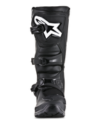 Alpinestars Tech 3 Enduro støvler, off-road motorcykelstøvler, sort, set forfra med et hvidt Alpinestars-logo på skinnebenspladen, lukkesystem med tre spænder, robust mikrofiber- og TPU-konstruktion