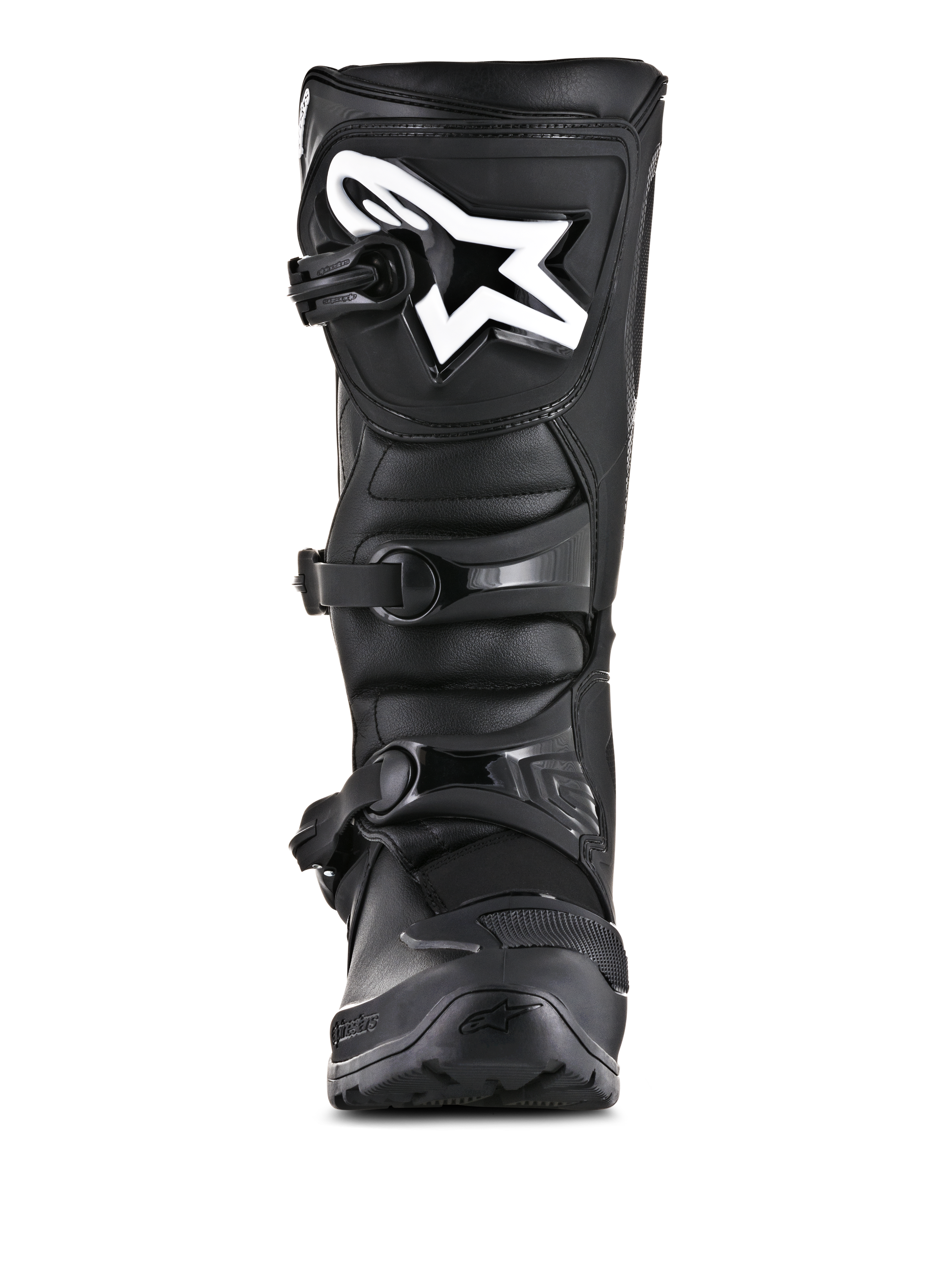 Alpinestars Tech 3 Enduro støvler, off-road motorcykelstøvler, sort, set forfra med et hvidt Alpinestars-logo på skinnebenspladen, lukkesystem med tre spænder, robust mikrofiber- og TPU-konstruktion
