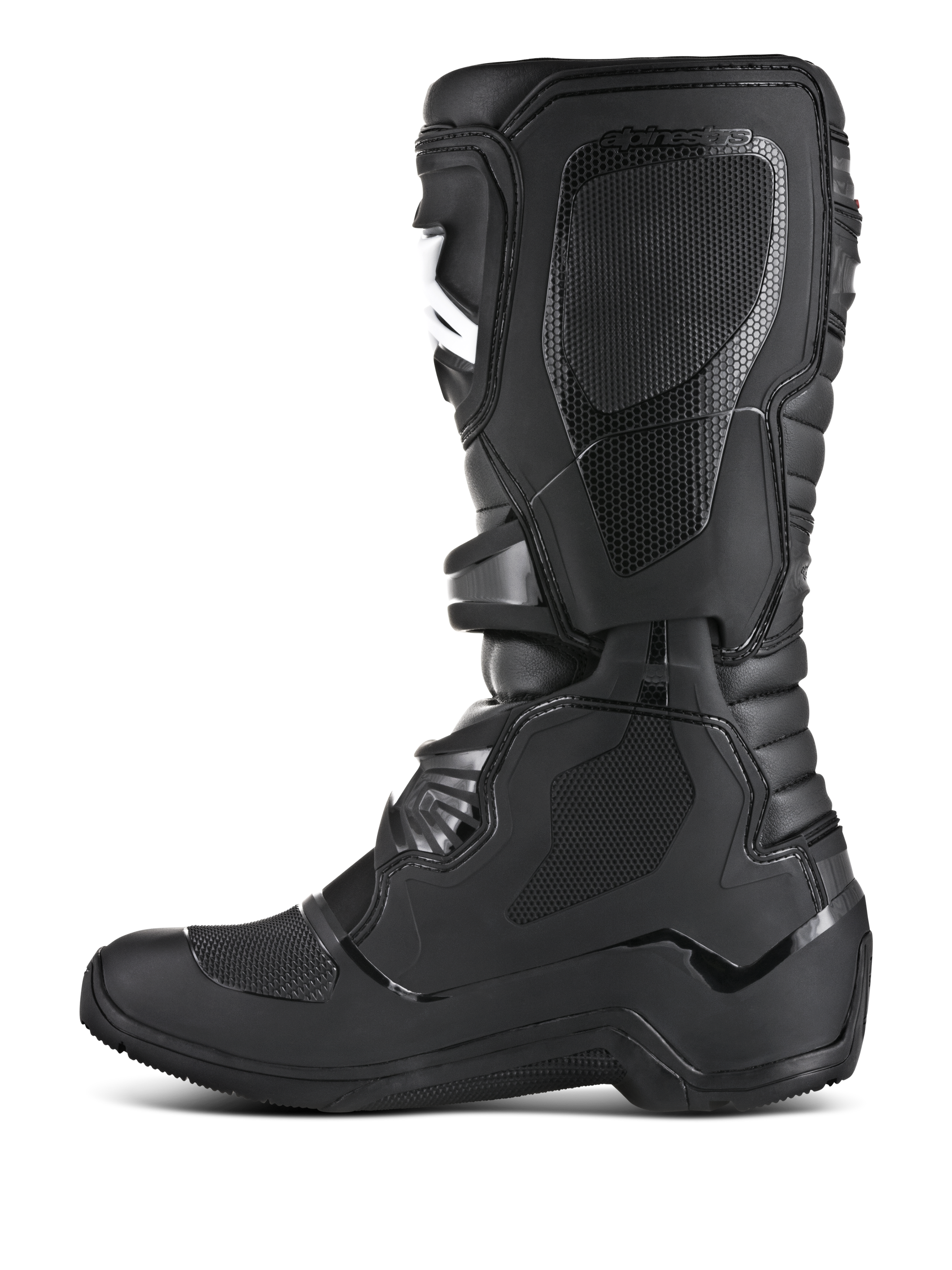 Alpinestars Tech 3 Enduro-støvler, off-road motorcykelstøvler, sort, medial sideprofil med teksturerede TPU-grippaneler, beskyttende skinnebensplade og holdbar konstruktion til enduro og motocross.