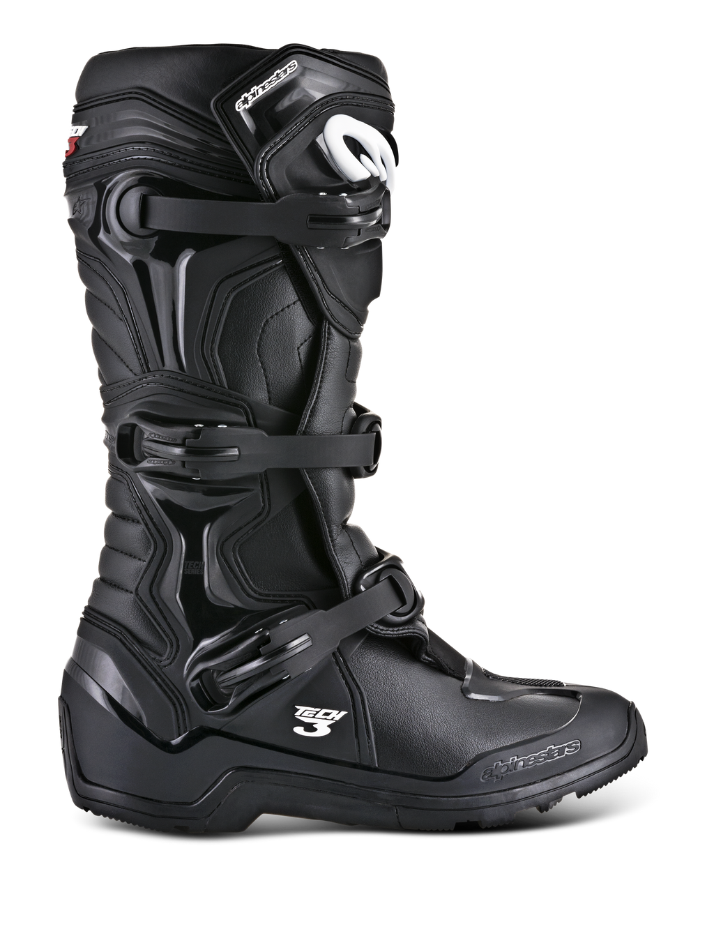 Alpinestars Tech 3 Enduro støvler, sorte off-road motorcykelstøvler, sideprofil med tredobbelt spændesystem, forstærkede TPU-beskyttelsespaneler, grov sål med højt greb, hvid Alpinestars-branding.