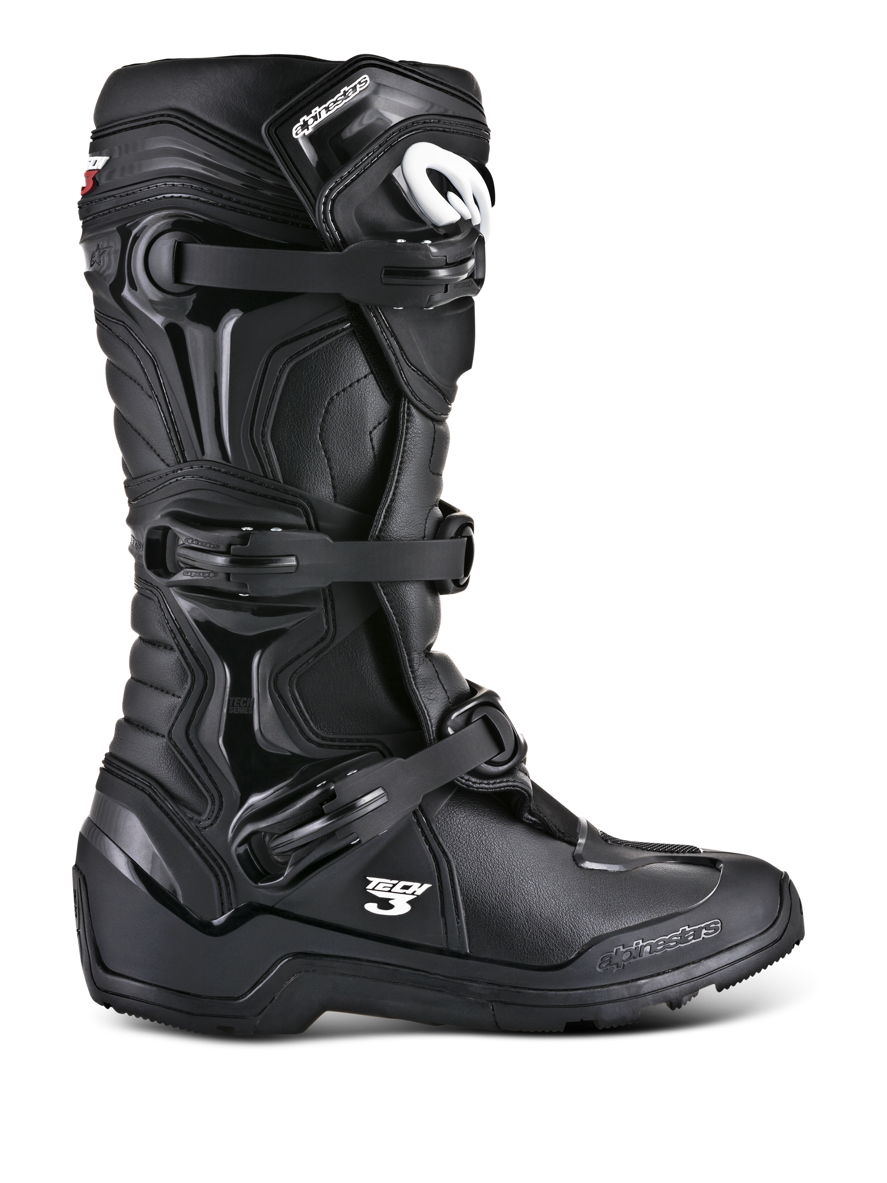 Alpinestars Tech 3 Enduro støvler, sorte off-road motorcykelstøvler, sideprofil med tredobbelt spændesystem, forstærkede TPU-beskyttelsespaneler, grov sål med højt greb, hvid Alpinestars-branding.