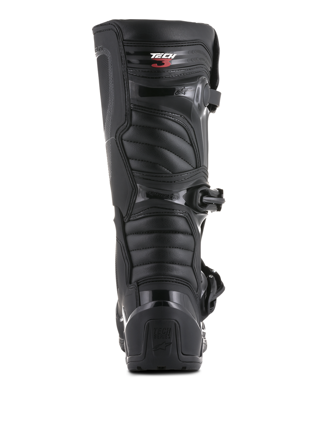 Alpinestars Tech 3 Enduro-støvler, set bagfra, sort, med TPU-hælkappe med Tech Series-branding og rillede fleksible paneler, holdbart beskyttende fodtøj til motocross og off-road kørsel