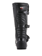Alpinestars Tech 3 Enduro-støvler, set bagfra, sort, med TPU-hælkappe med Tech Series-branding og rillede fleksible paneler, holdbart beskyttende fodtøj til motocross og off-road kørsel