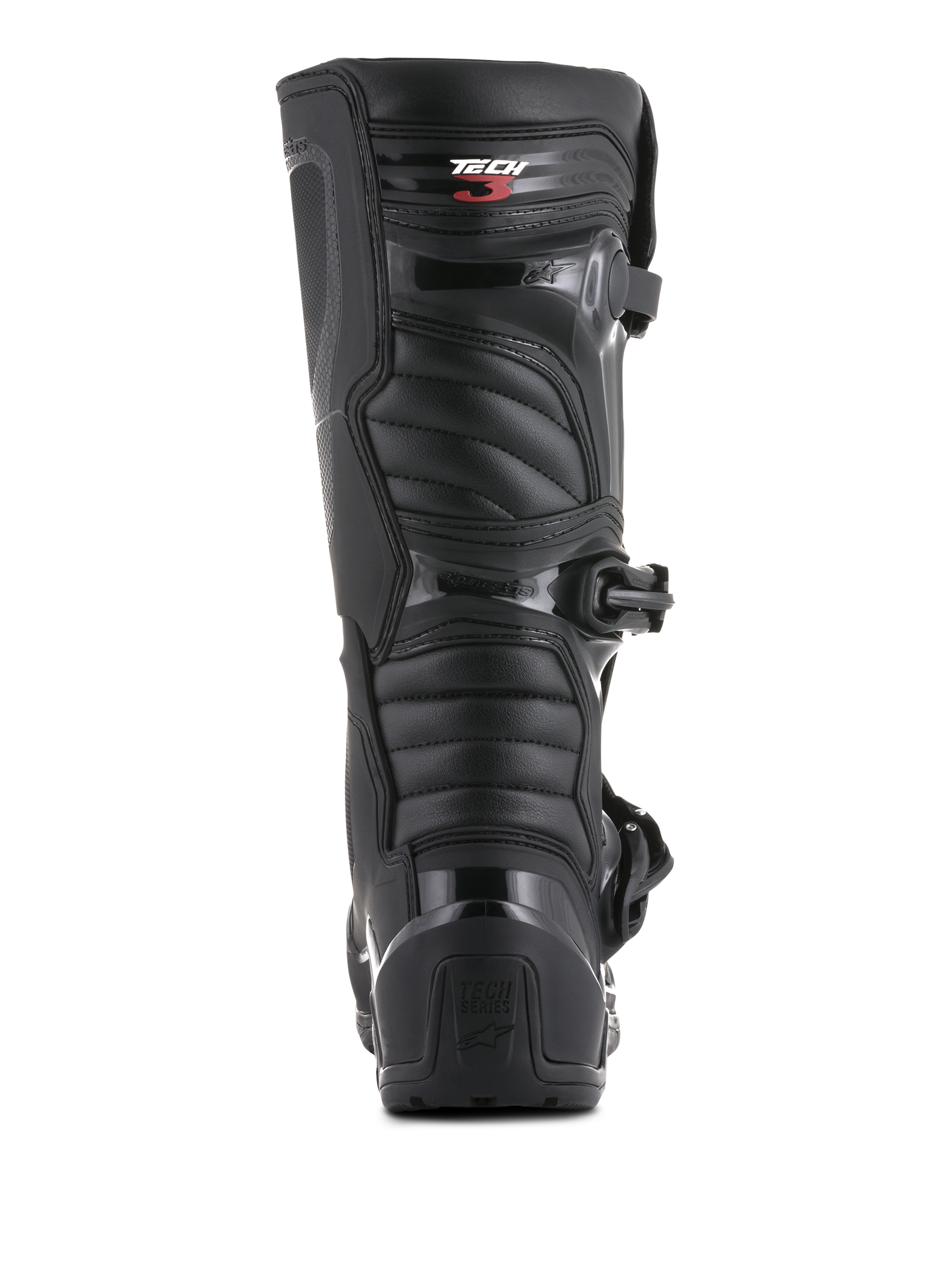 Alpinestars Tech 3 Enduro-støvler, set bagfra, sort, med TPU-hælkappe med Tech Series-branding og rillede fleksible paneler, holdbart beskyttende fodtøj til motocross og off-road kørsel