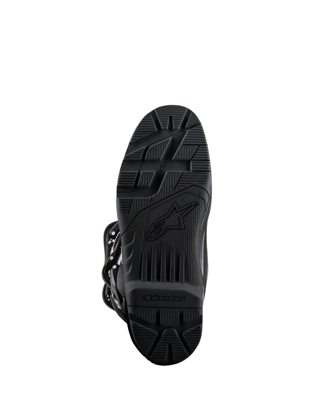Alpinestars Tech 3 Enduro støvler, sort, visning af sålen, gummiblanding med højt greb og tekstureret mønster for off-road holdbarhed, med Alpinestars branding