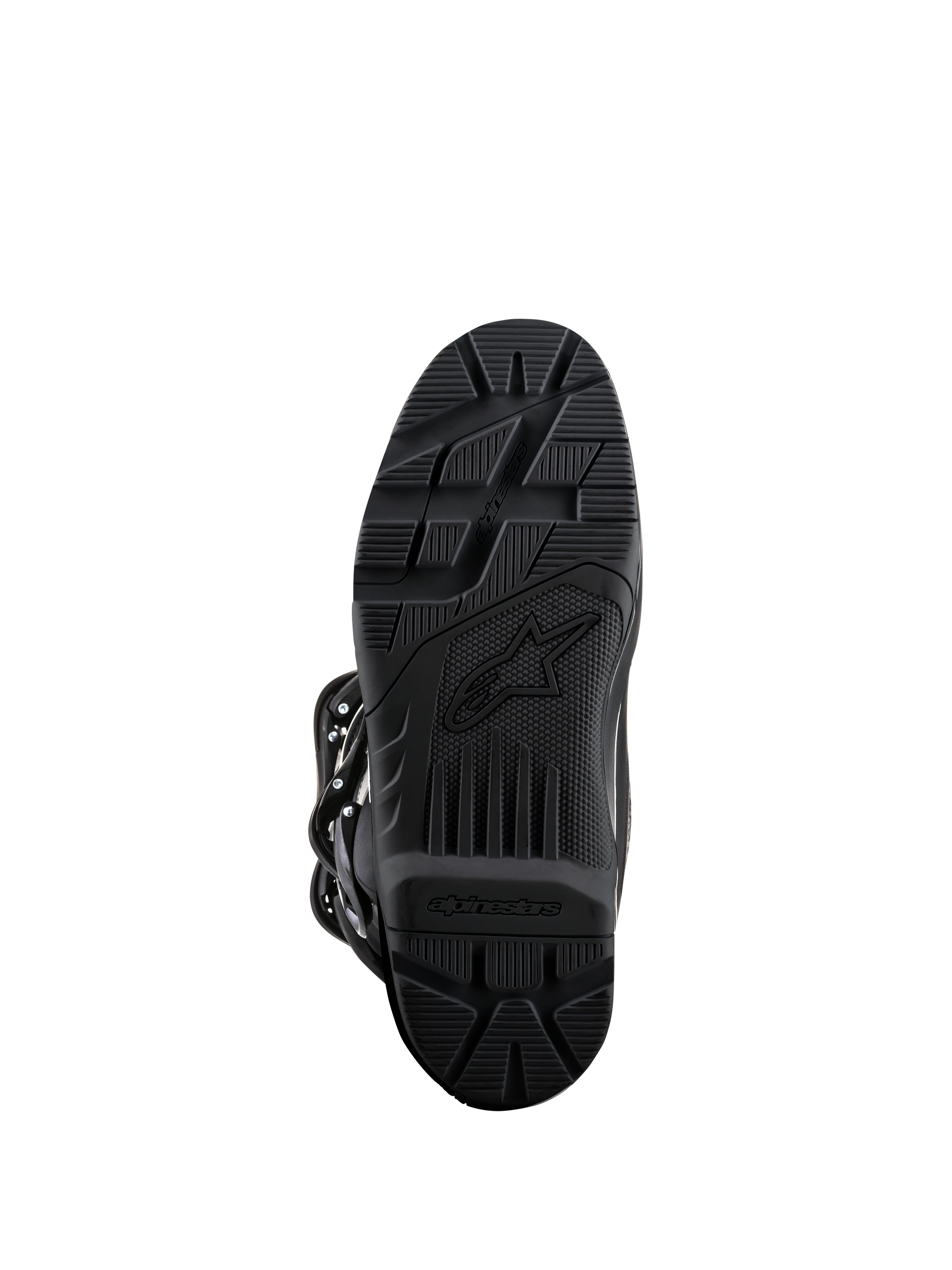 Alpinestars Tech 3 Enduro støvler, sort, visning af sålen, gummiblanding med højt greb og tekstureret mønster for off-road holdbarhed, med Alpinestars branding
