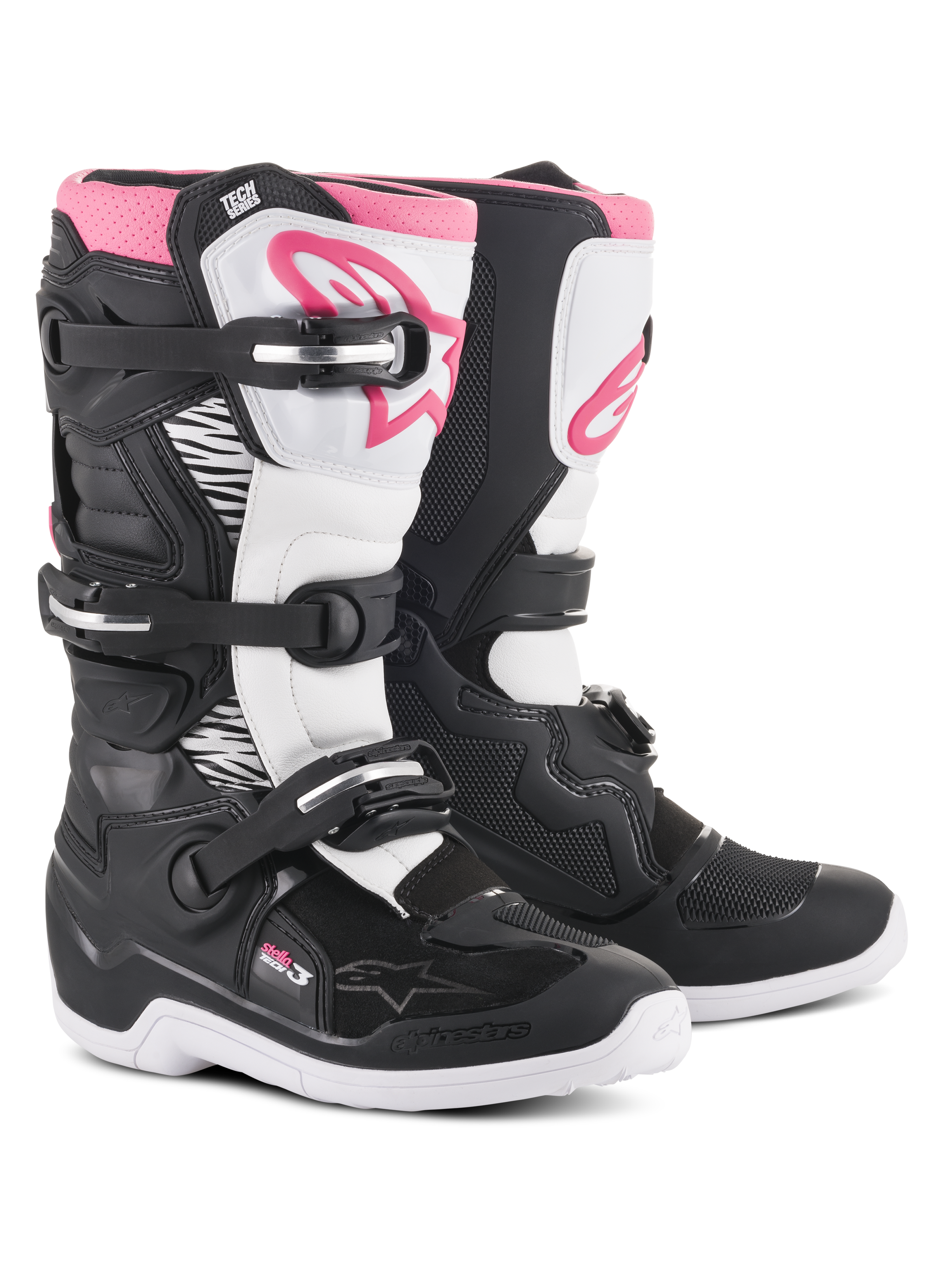 Alpinestars Stella Tech 3 støvler, motocross-støvler til damer, sort hvid og lyserød, hvid skinnebensbeskytter med lyserødt Alpinestars-logo, sort chassis med hvide flekszoner, lukkesystem med tre spænder