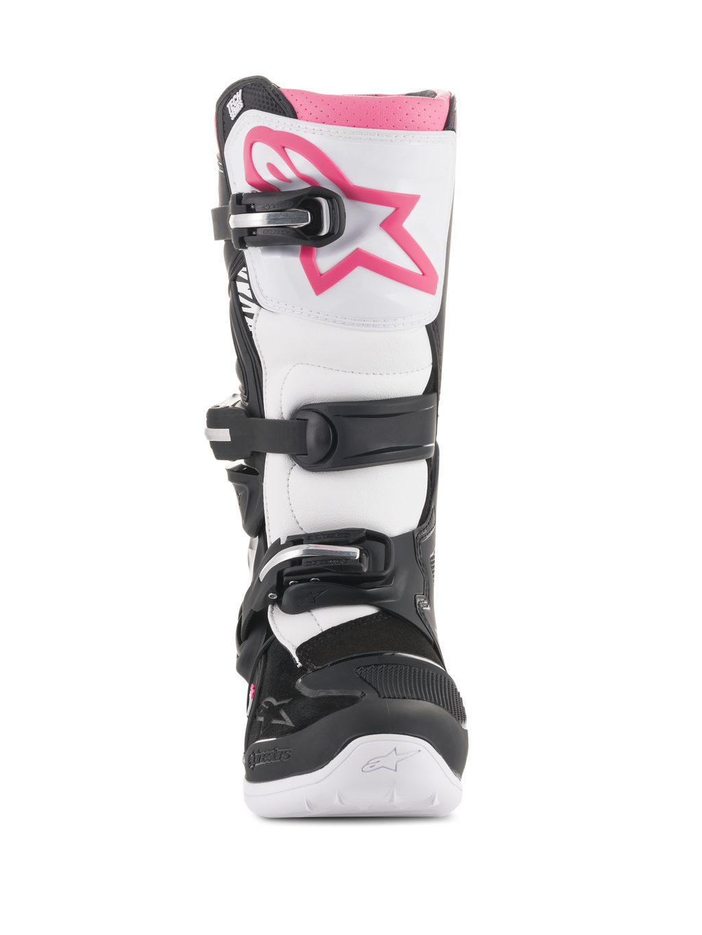 Alpinestars Stella Tech 3-støvler til damer, motocross-støvler, sort, hvid og pink, set forfra med hvid skinnebensplade og pink Astars-logo, sort spændelukkesystem og pink øvre kant, slidstærkt beskyttende fodtøj til off-road kørsel