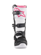 Alpinestars Stella Tech 3-støvler til damer, motocross-støvler, sort, hvid og pink, set forfra med hvid skinnebensplade og pink Astars-logo, sort spændelukkesystem og pink øvre kant, slidstærkt beskyttende fodtøj til off-road kørsel
