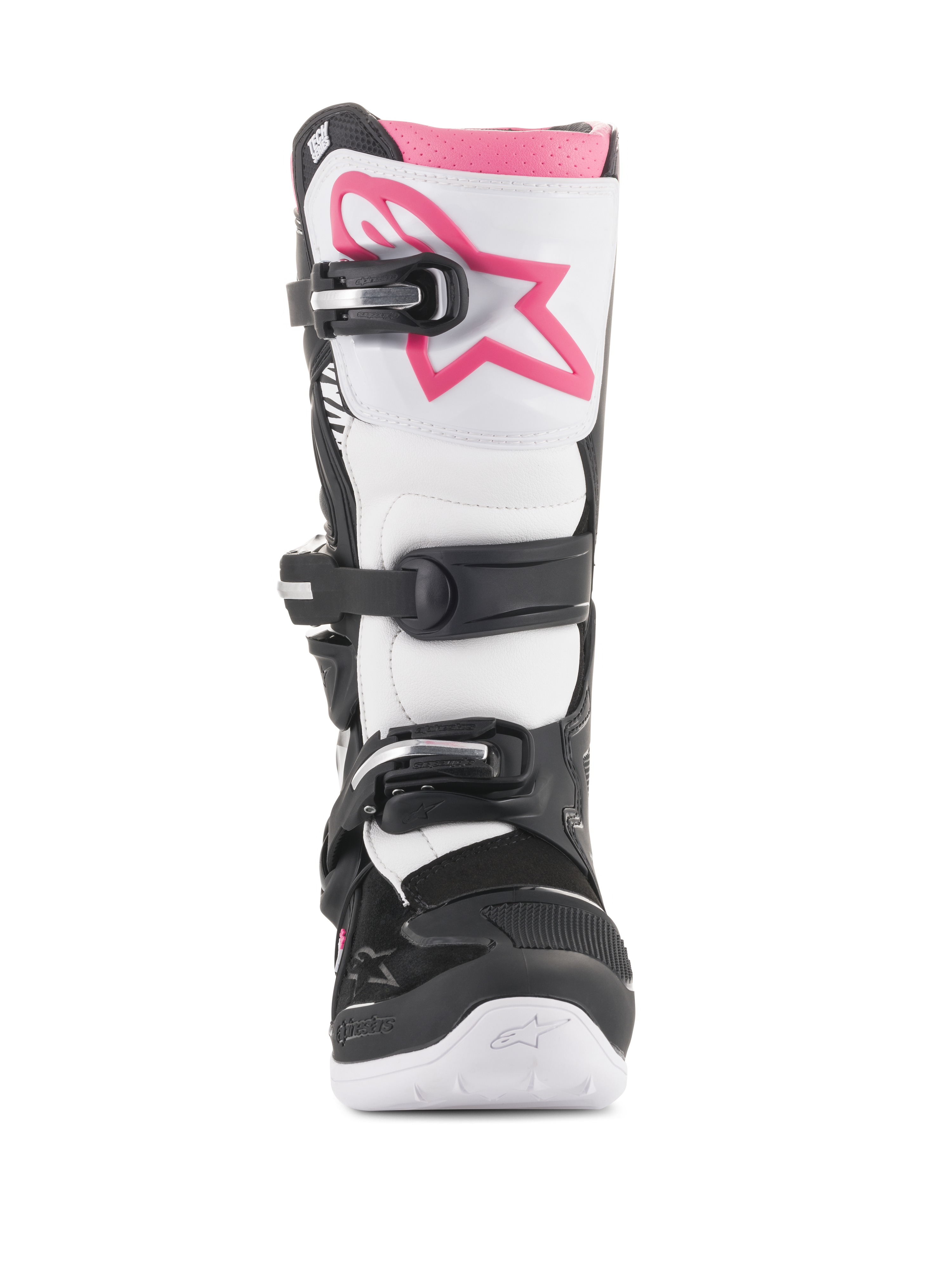 Alpinestars Stella Tech 3-støvler til damer, motocross-støvler, sort, hvid og pink, set forfra med hvid skinnebensplade og pink Astars-logo, sort spændelukkesystem og pink øvre kant, slidstærkt beskyttende fodtøj til off-road kørsel