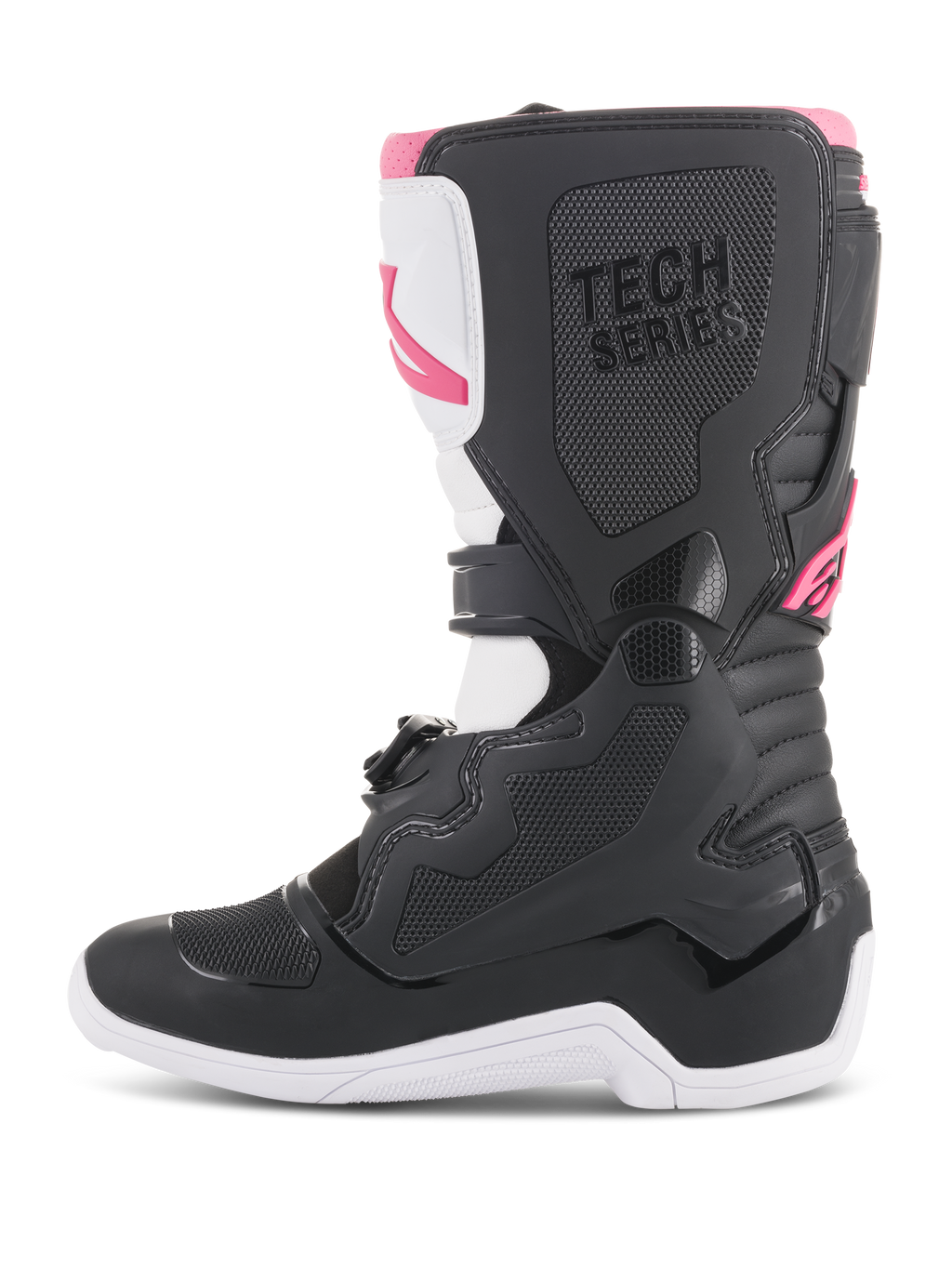 Alpinestars Stella Tech 3 støvler til kvinder, motocross-støvler, sort, hvid og pink, sideprofil med beskyttende TPU-skinnebensplade, teksturerede grebspaneler og 'TECH SERIES'-branding til off-road-racing