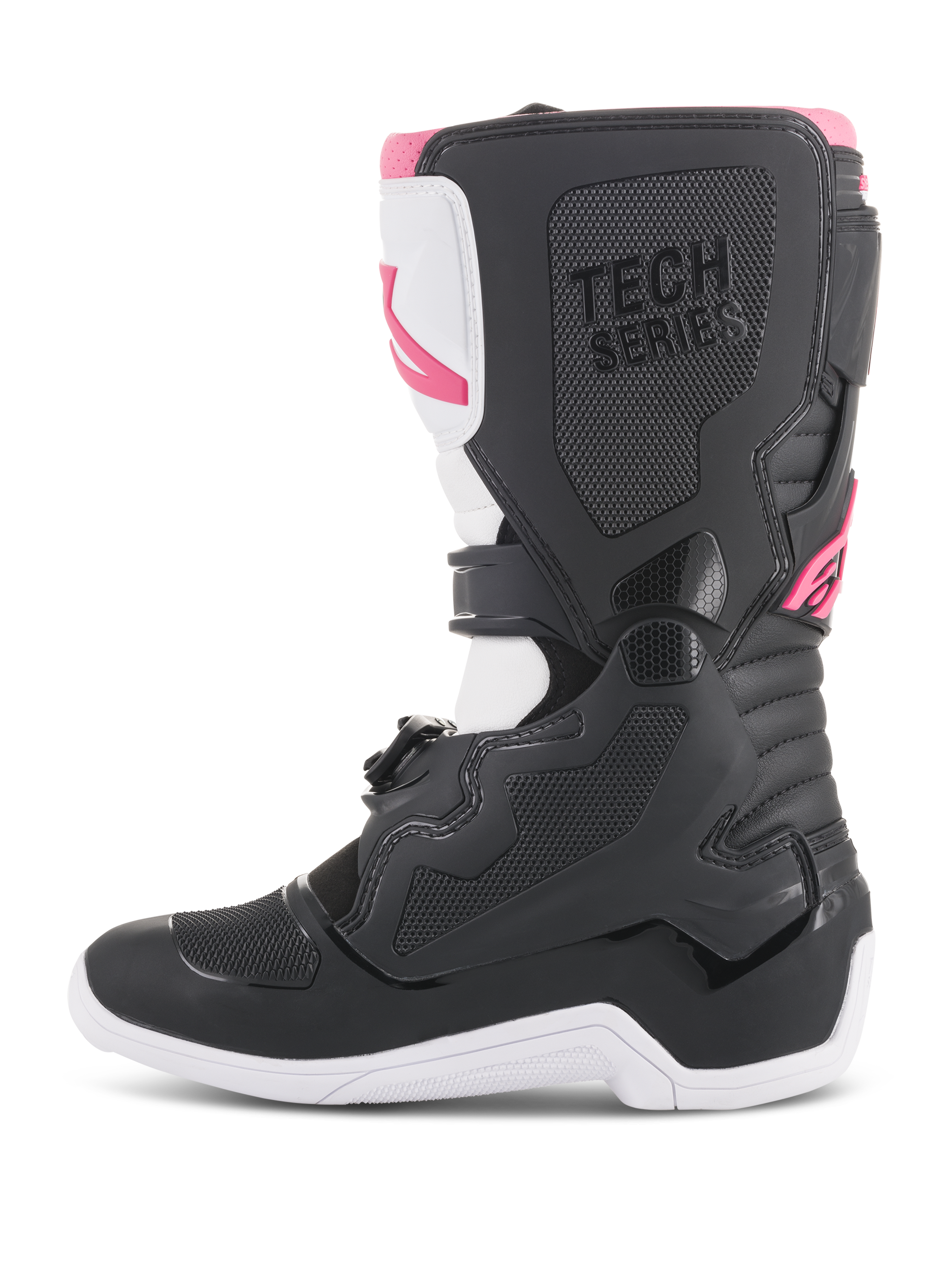 Alpinestars Stella Tech 3 støvler til kvinder, motocross-støvler, sort, hvid og pink, sideprofil med beskyttende TPU-skinnebensplade, teksturerede grebspaneler og 'TECH SERIES'-branding til off-road-racing