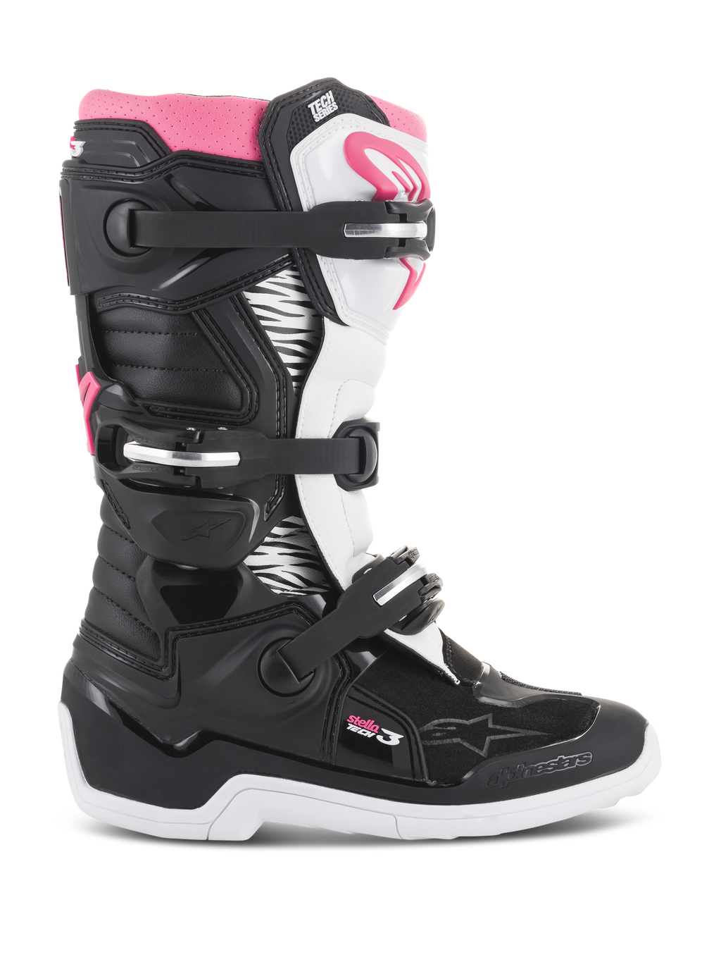 Alpinestars Stella Tech 3-støvler til damer, motocross-støvler, sort, hvid og pink, sideprofil der viser lukkesystemet med tre spænder, grafiske paneler med zebramønster, TPU-skinnebensbeskyttelse og hvid gummisål til terrænkørsel
