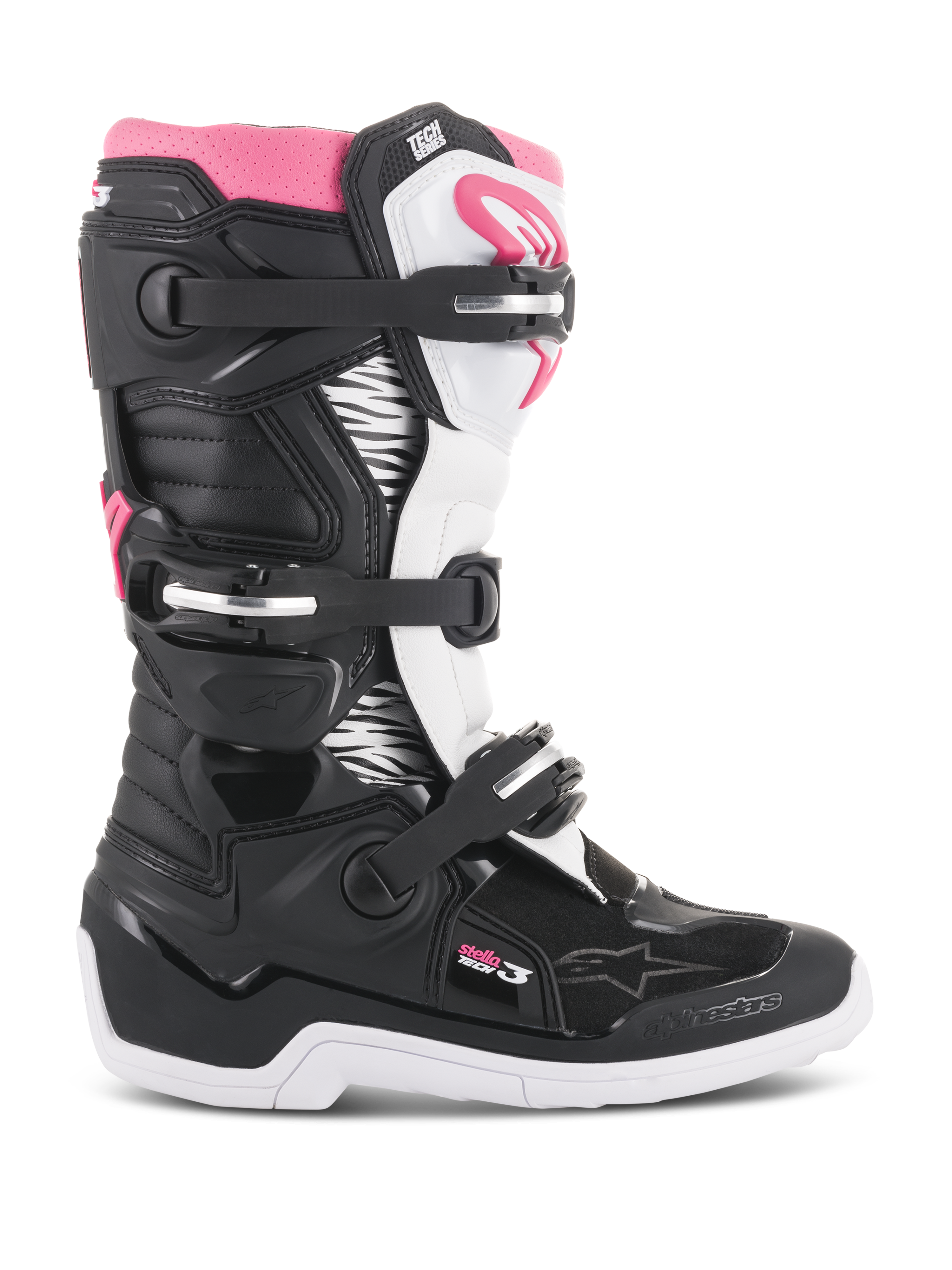 Alpinestars Stella Tech 3-støvler til damer, motocross-støvler, sort, hvid og pink, sideprofil der viser lukkesystemet med tre spænder, grafiske paneler med zebramønster, TPU-skinnebensbeskyttelse og hvid gummisål til terrænkørsel