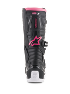 Alpinestars Stella Tech 3 damestøvler, motocrossstøvler, sort, hvid og pink, set bagfra med pink Alpinestars-stjernelogo, pink topkant, sorte teksturerede paneler og hvid hæl med Tech Series-branding