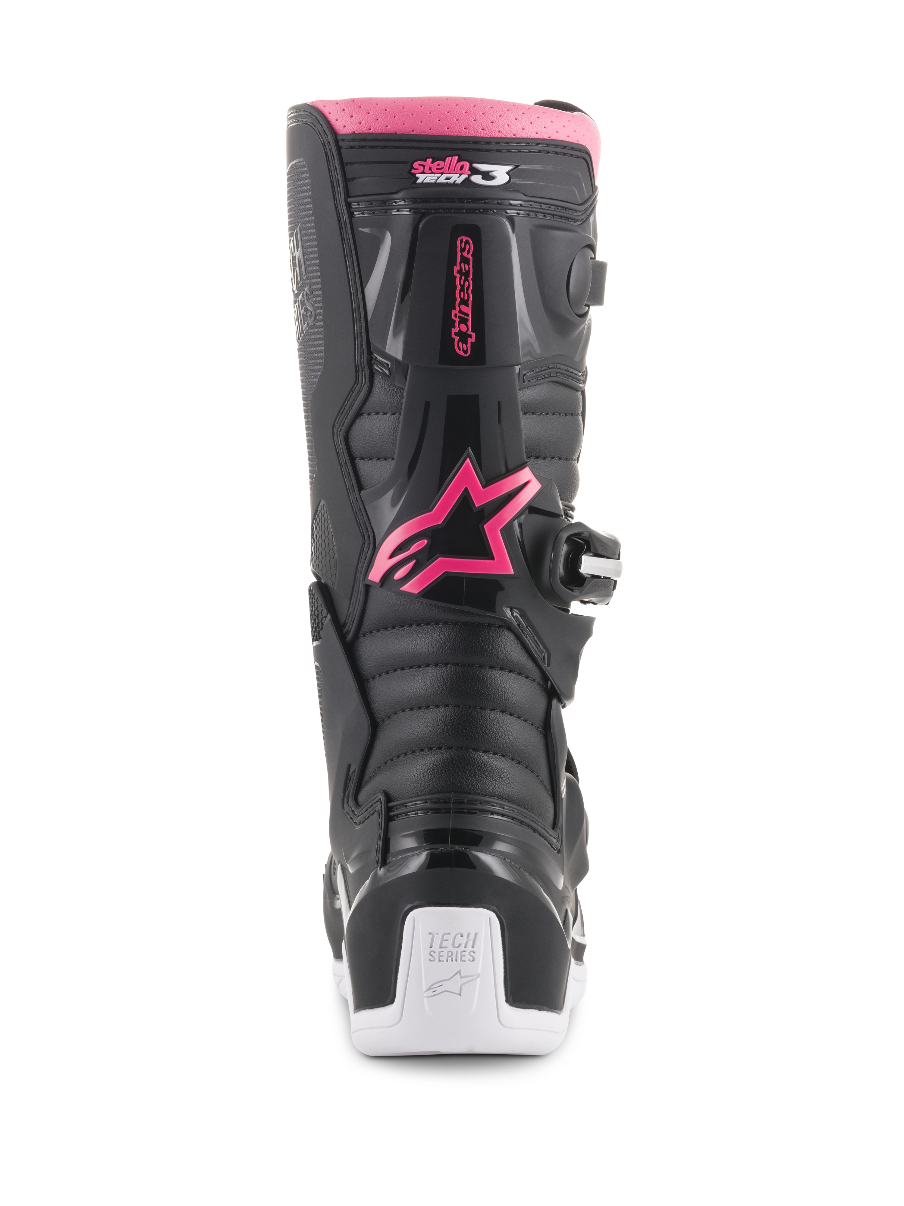 Alpinestars Stella Tech 3 damestøvler, motocrossstøvler, sort, hvid og pink, set bagfra med pink Alpinestars-stjernelogo, pink topkant, sorte teksturerede paneler og hvid hæl med Tech Series-branding