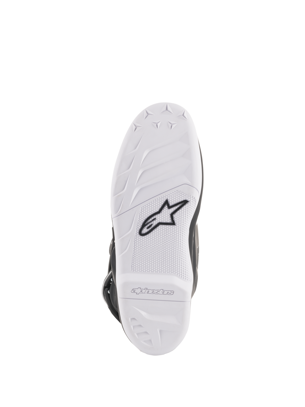 Alpinestars Stella Tech 3 støvler til kvinder, sålvisning, hvid gummiblanding med sort Astar-logo, tekstureret mønster for greb og præget branding, holdbar og udskiftelig motocross-støvlesål