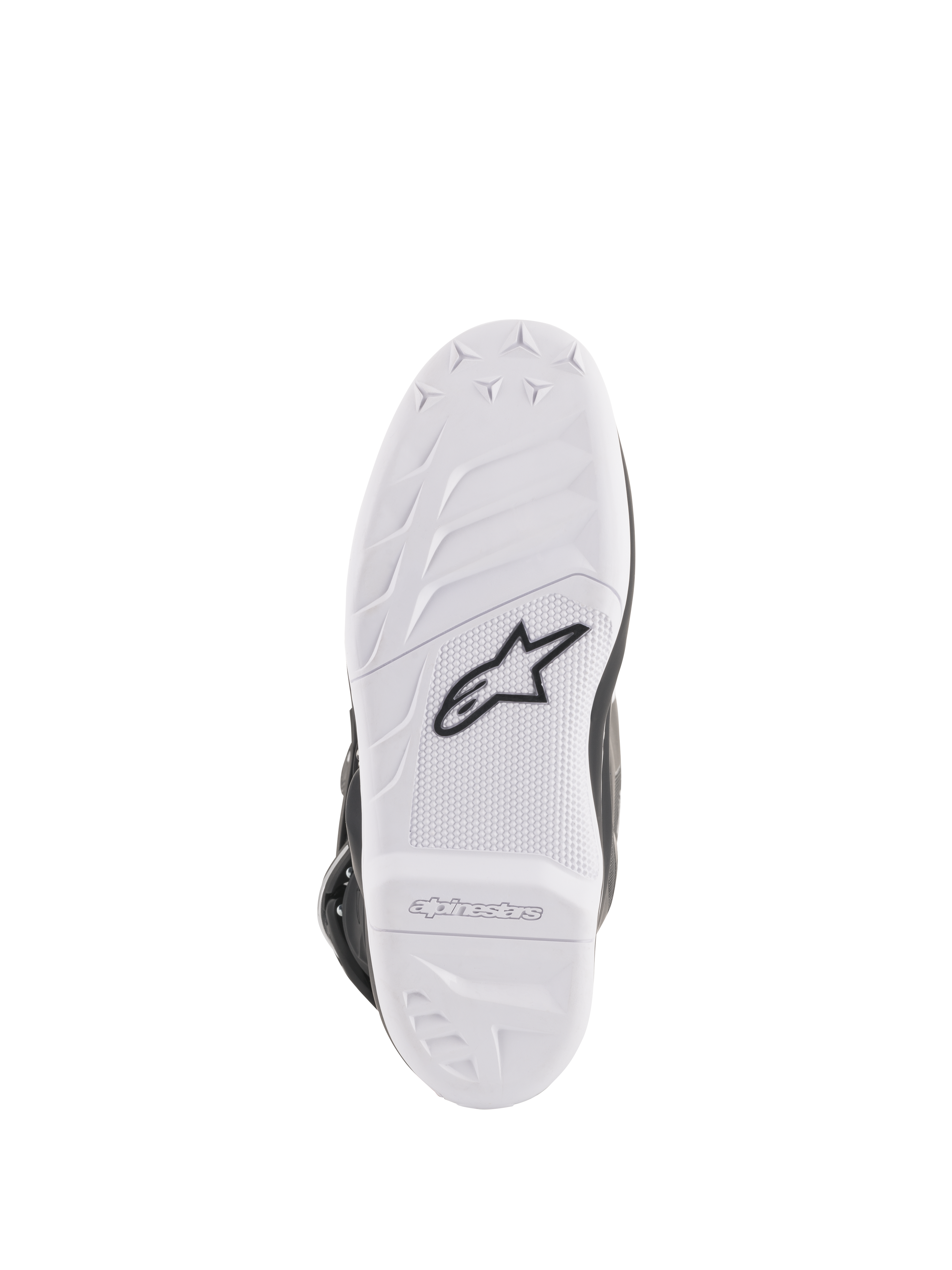 Alpinestars Stella Tech 3 støvler til kvinder, sålvisning, hvid gummiblanding med sort Astar-logo, tekstureret mønster for greb og præget branding, holdbar og udskiftelig motocross-støvlesål