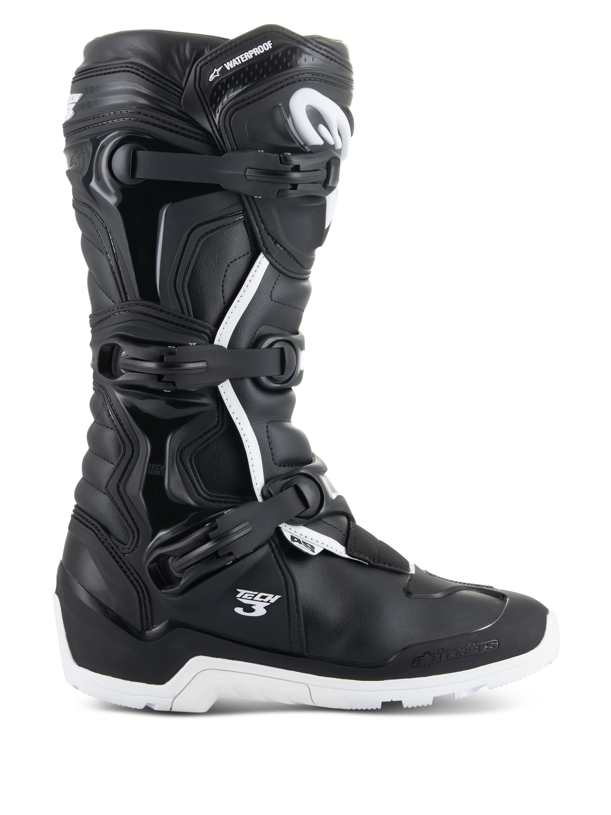 Alpinestars Tech 3 Enduro Waterproof støvler, profilvisning, sort og hvid, tredobbelt spændelukkesystem, forstærkede TPU-beskyttelsespaneler, robust hvid sål, 'Tech 3' og 'Waterproof' branding, slidstærkt motorcykelfodtøj til off-road og adventure