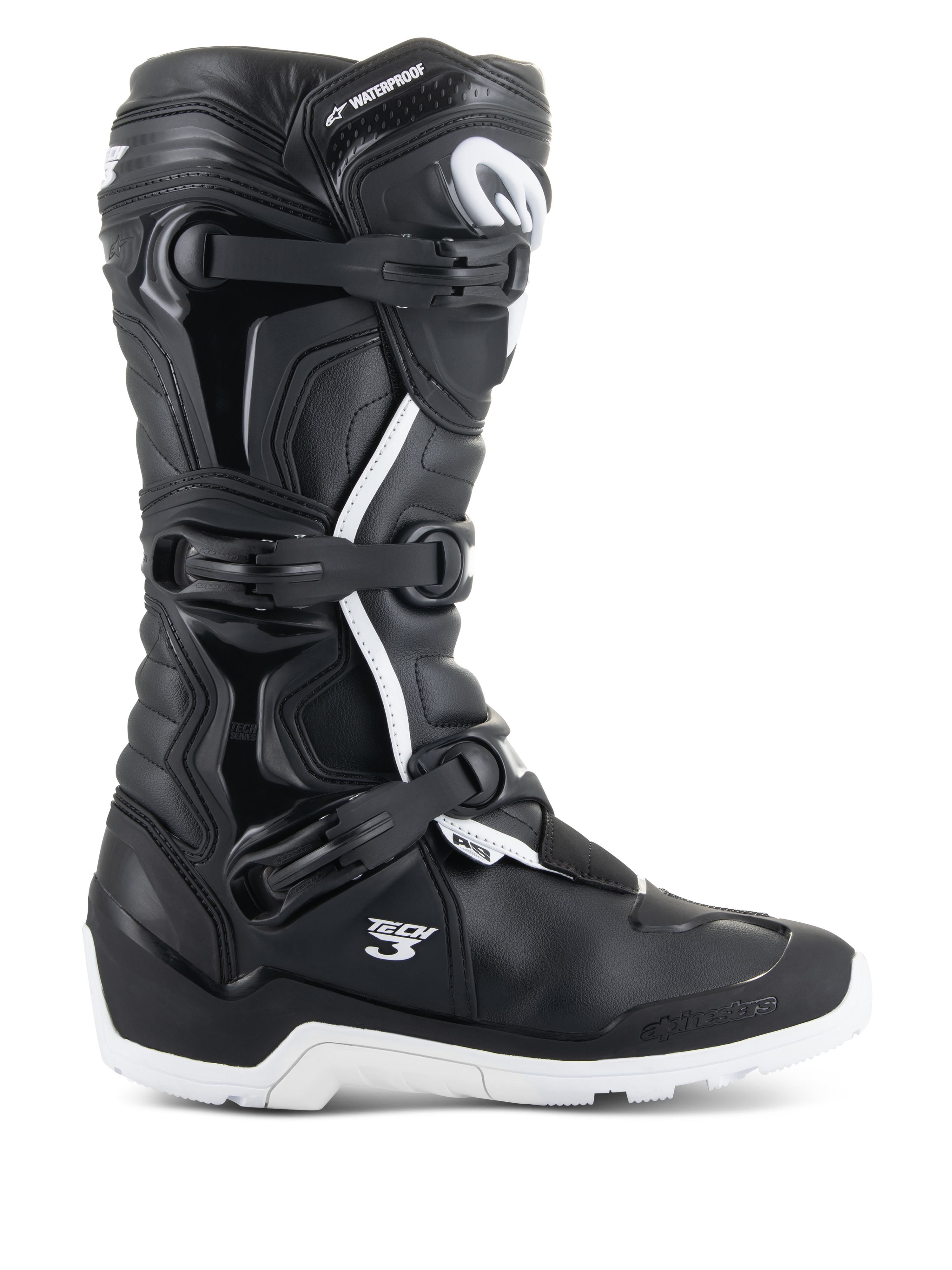 Alpinestars Tech 3 Enduro Waterproof støvler, profilvisning, sort og hvid, tredobbelt spændelukkesystem, forstærkede TPU-beskyttelsespaneler, robust hvid sål, 'Tech 3' og 'Waterproof' branding, slidstærkt motorcykelfodtøj til off-road og adventure
