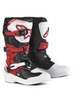 Alpinestars Youth Tech 3S støvler, motocross-støvler, hvid, sort og klar rød, tre-spændes lukkesystem, TPU-skinnebensplade med Alpinestars-logo, holdbar overdel i mikrofiber og forstærket fodskal til terrænkørsel