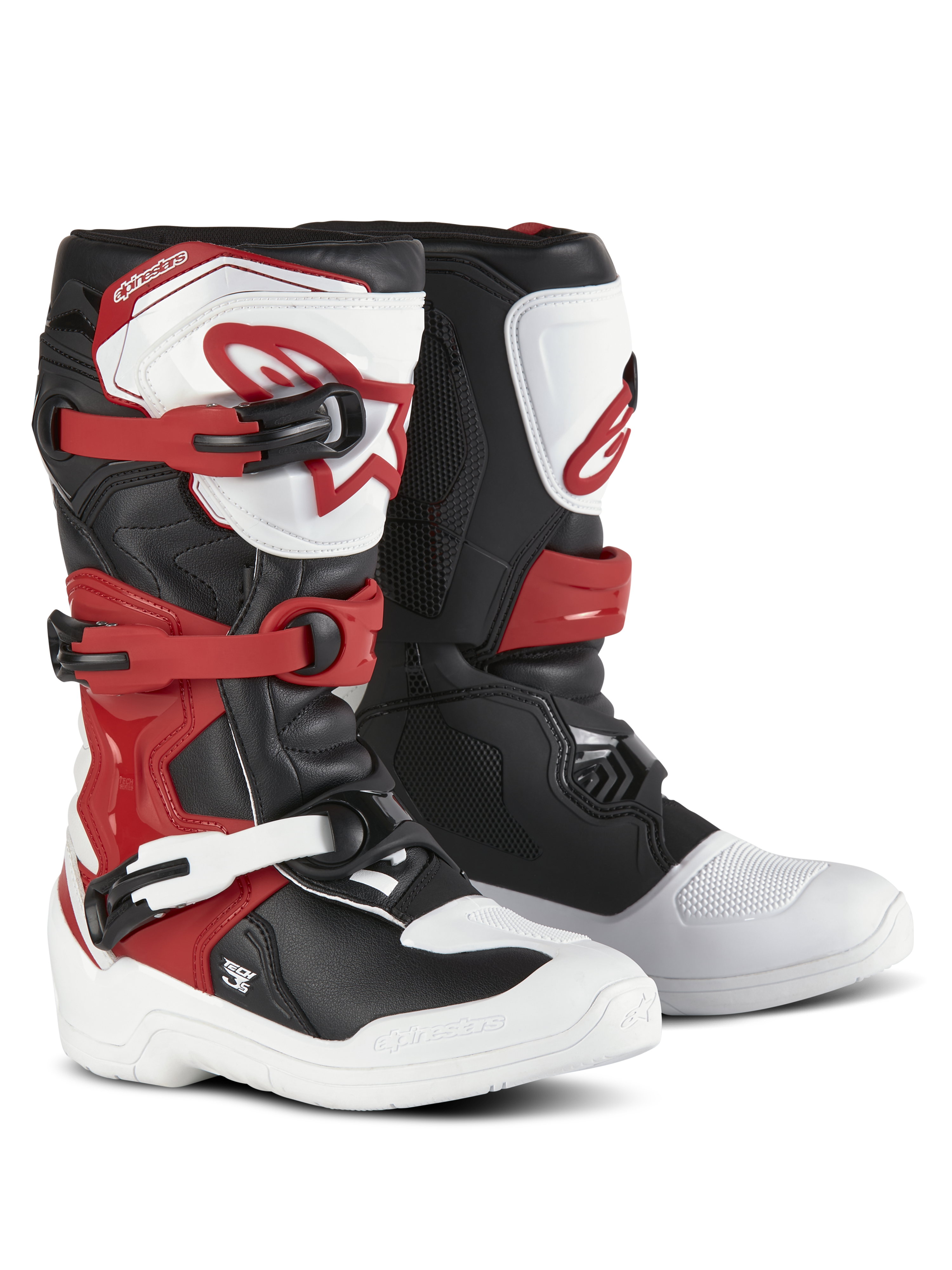 Alpinestars Youth Tech 3S støvler, motocross-støvler, hvid, sort og klar rød, tre-spændes lukkesystem, TPU-skinnebensplade med Alpinestars-logo, holdbar overdel i mikrofiber og forstærket fodskal til terrænkørsel