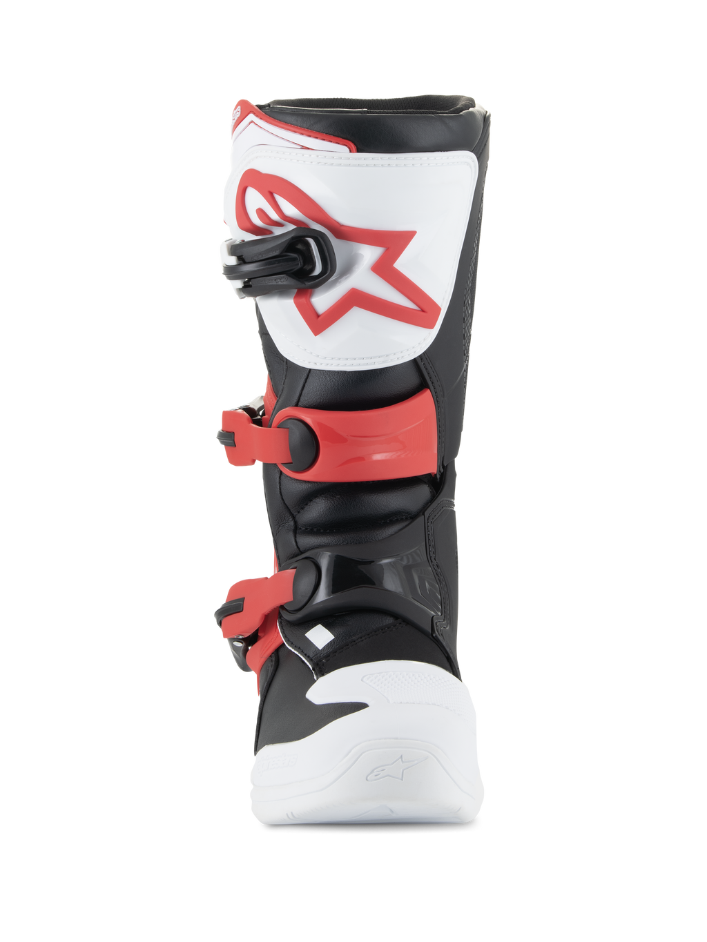 Alpinestars Youth Tech 3S støvler, motocross-støvler, hvid, sort og klar rød, set forfra med TPU-skinnebensplade og rødt logo, justerbare røde spænder og holdbar mikrofiberkonstruktion til juniorryttere
