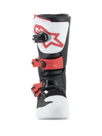 Alpinestars Youth Tech 3S støvler, motocross-støvler, hvid, sort og klar rød, set forfra med TPU-skinnebensplade og rødt logo, justerbare røde spænder og holdbar mikrofiberkonstruktion til juniorryttere