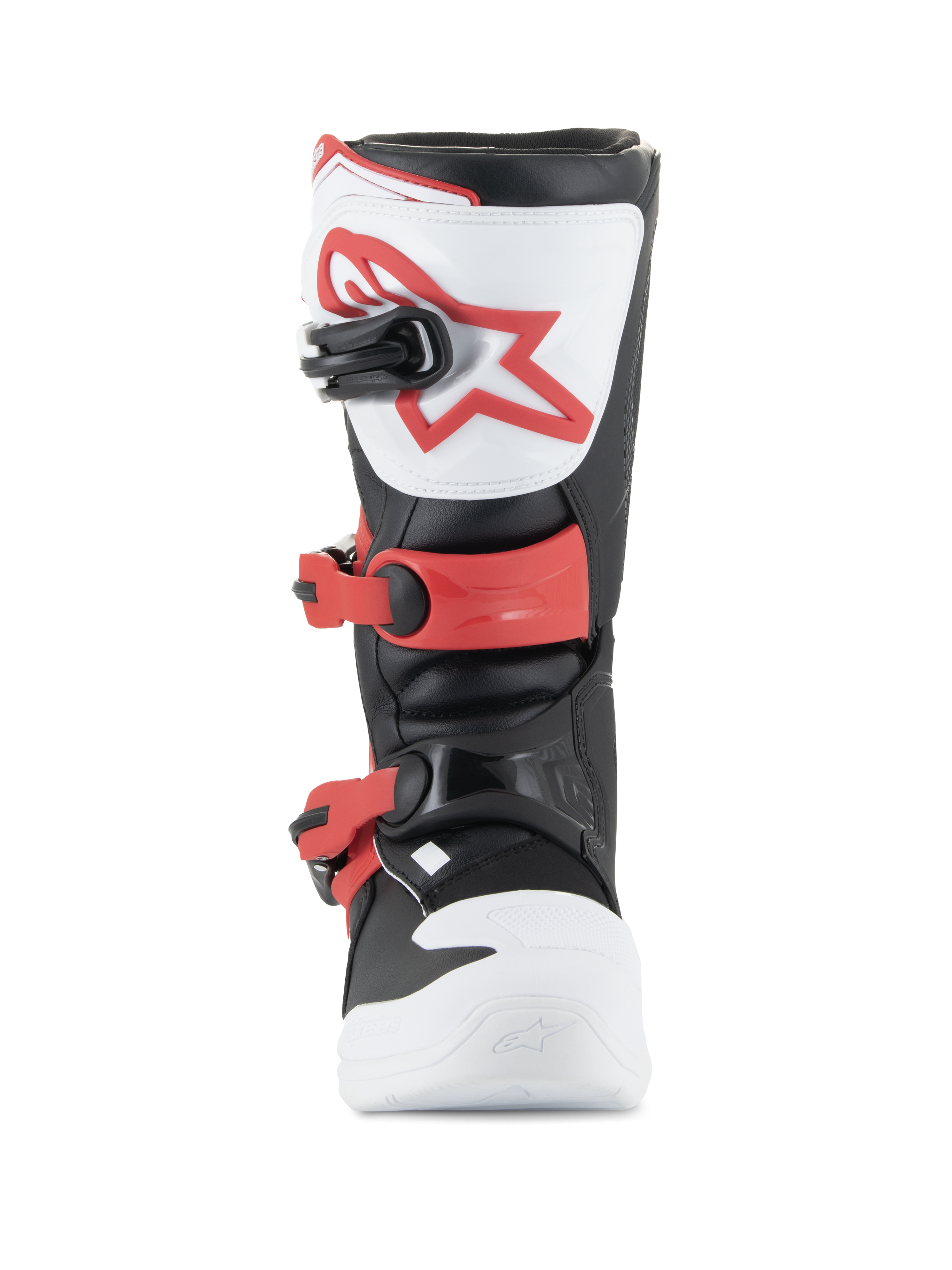 Alpinestars Youth Tech 3S støvler, motocross-støvler, hvid, sort og klar rød, set forfra med TPU-skinnebensplade og rødt logo, justerbare røde spænder og holdbar mikrofiberkonstruktion til juniorryttere