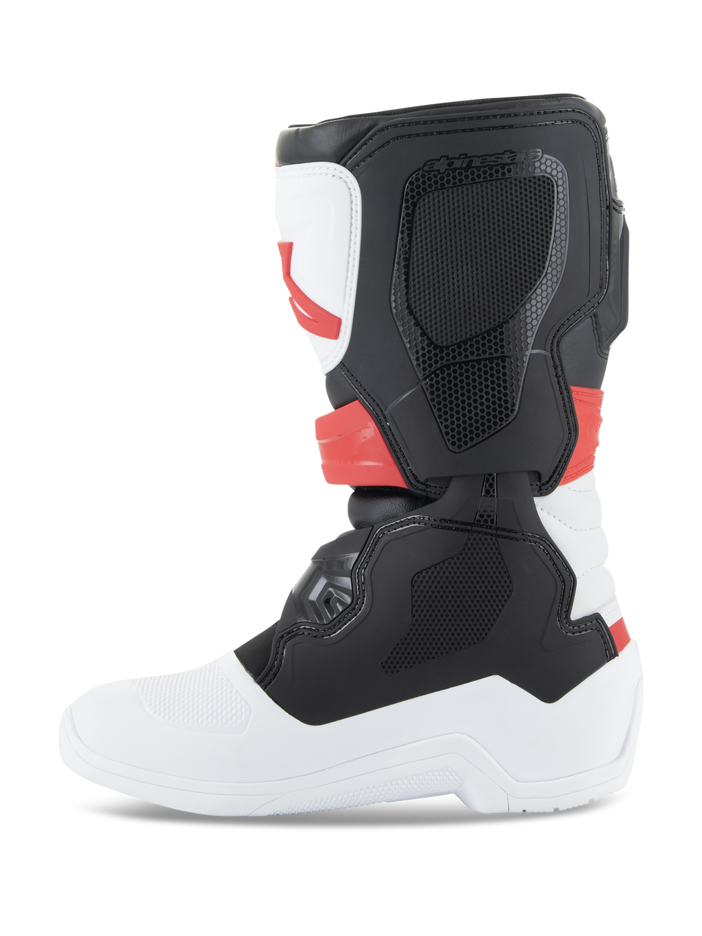 Alpinestars Youth Tech 3S støvler, motocross-støvler, hvid, sort og klar rød, set fra siden, med holdbare TPU-beskyttelsespaneler og overdel i mikrofiber, hvid sål og tå med sort lægdel og klare røde detaljer, beskyttende off-road-fodtøj til unge ryttere