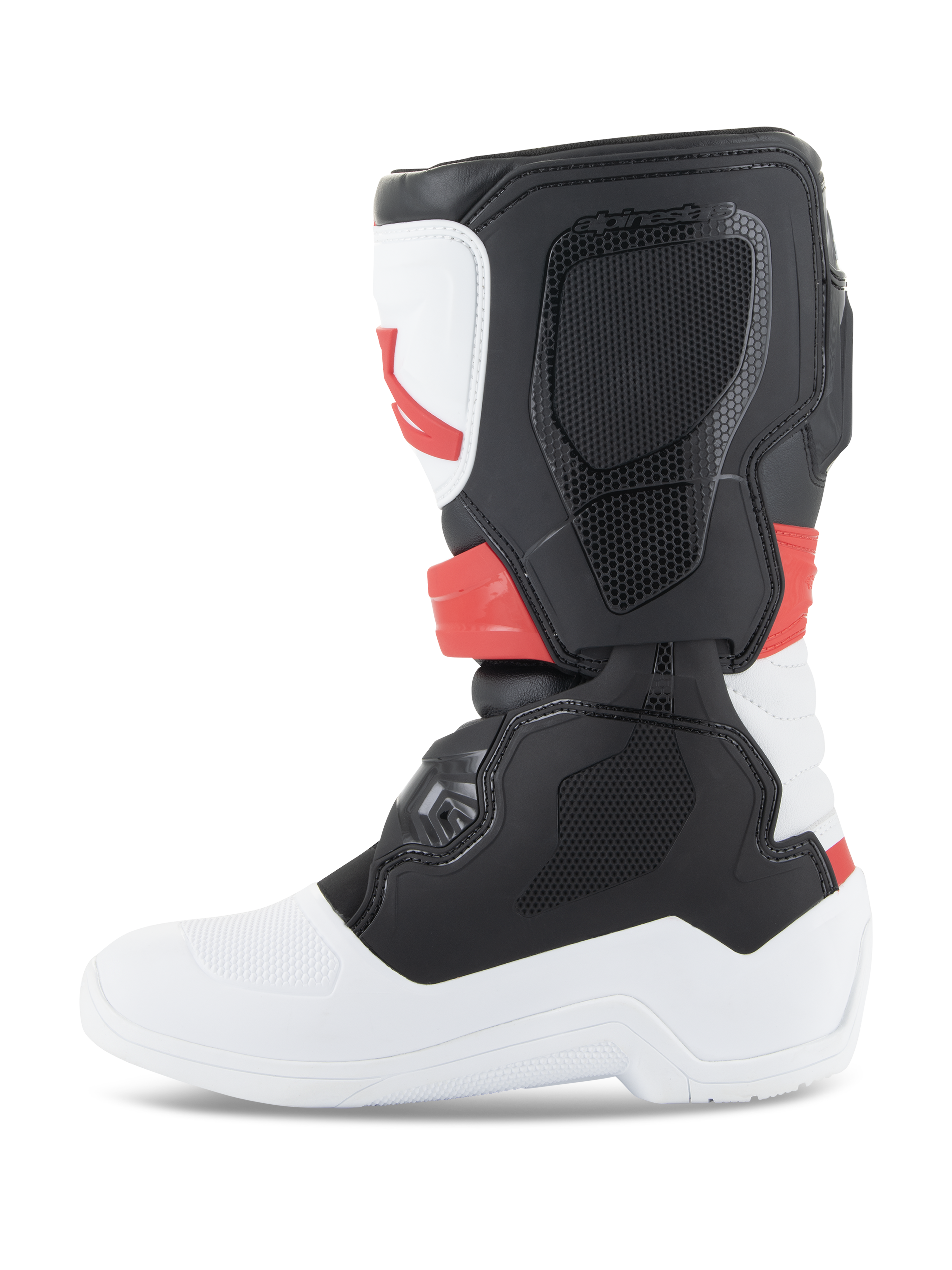 Alpinestars Youth Tech 3S støvler, motocross-støvler, hvid, sort og klar rød, set fra siden, med holdbare TPU-beskyttelsespaneler og overdel i mikrofiber, hvid sål og tå med sort lægdel og klare røde detaljer, beskyttende off-road-fodtøj til unge ryttere