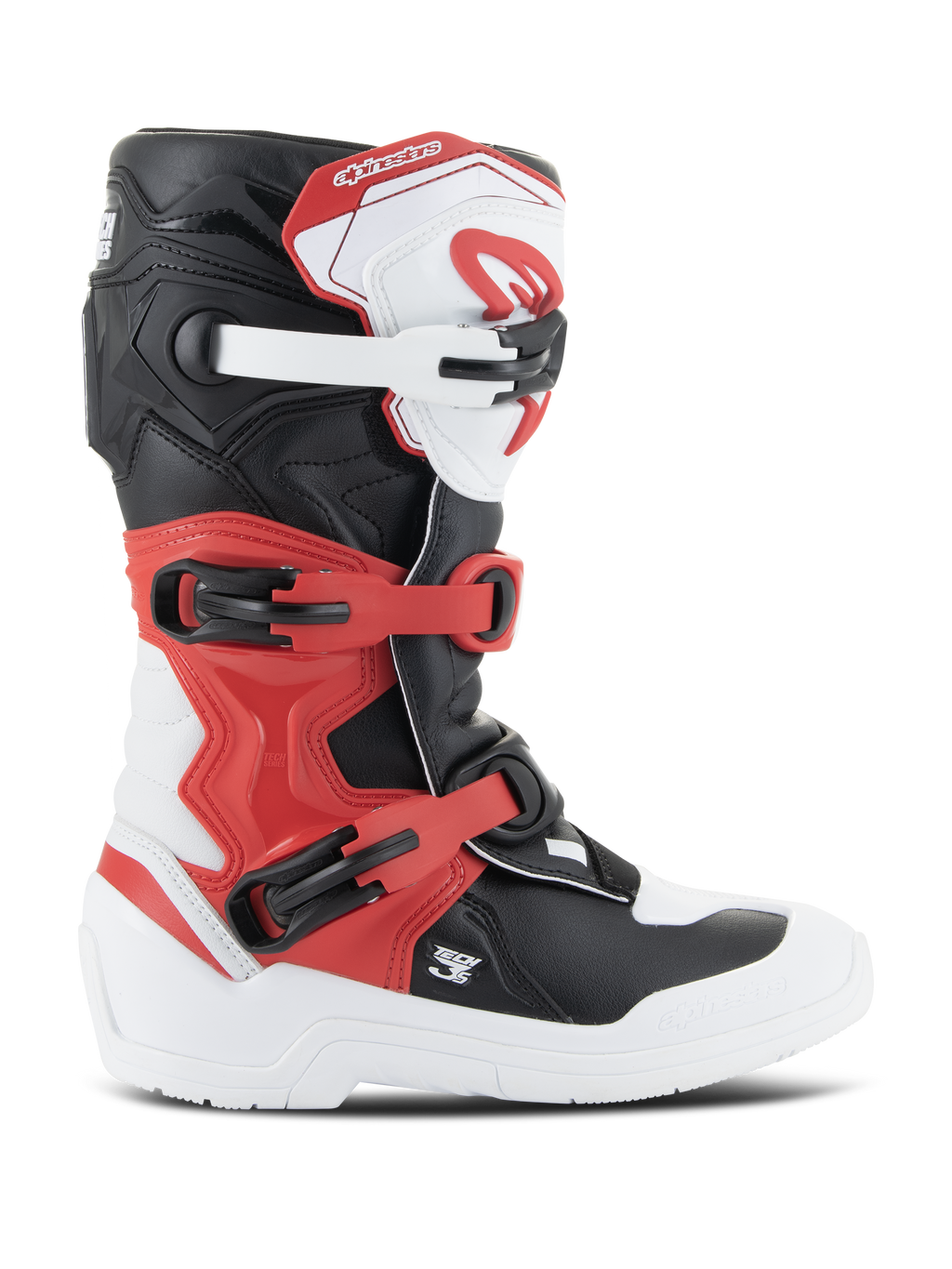 Alpinestars Youth Tech 3S støvler, motocross-støvler, hvid, sort og klar rød, sideprofil, med et lukkesystem med flere spænder, forstærket skinnebensplade og slidstærk hvid sål, junior off-road beskyttelsesudstyr