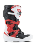 Alpinestars Youth Tech 3S støvler, motocross-støvler, hvid, sort og klar rød, sideprofil, med et lukkesystem med flere spænder, forstærket skinnebensplade og slidstærk hvid sål, junior off-road beskyttelsesudstyr